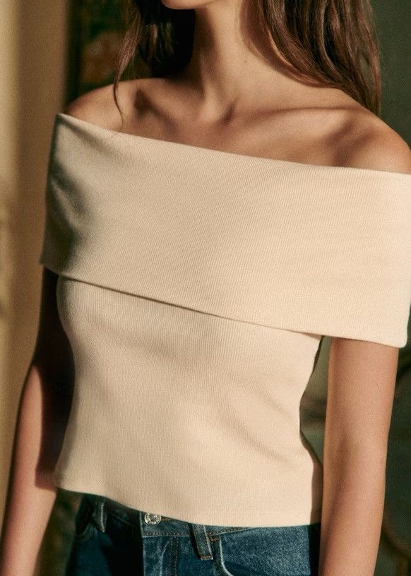 Sezane Sézane Jared Off-Shoulder Ribbed Cream Top Size M / US 6-8 / IT 42-44 - 1 Thumbnail