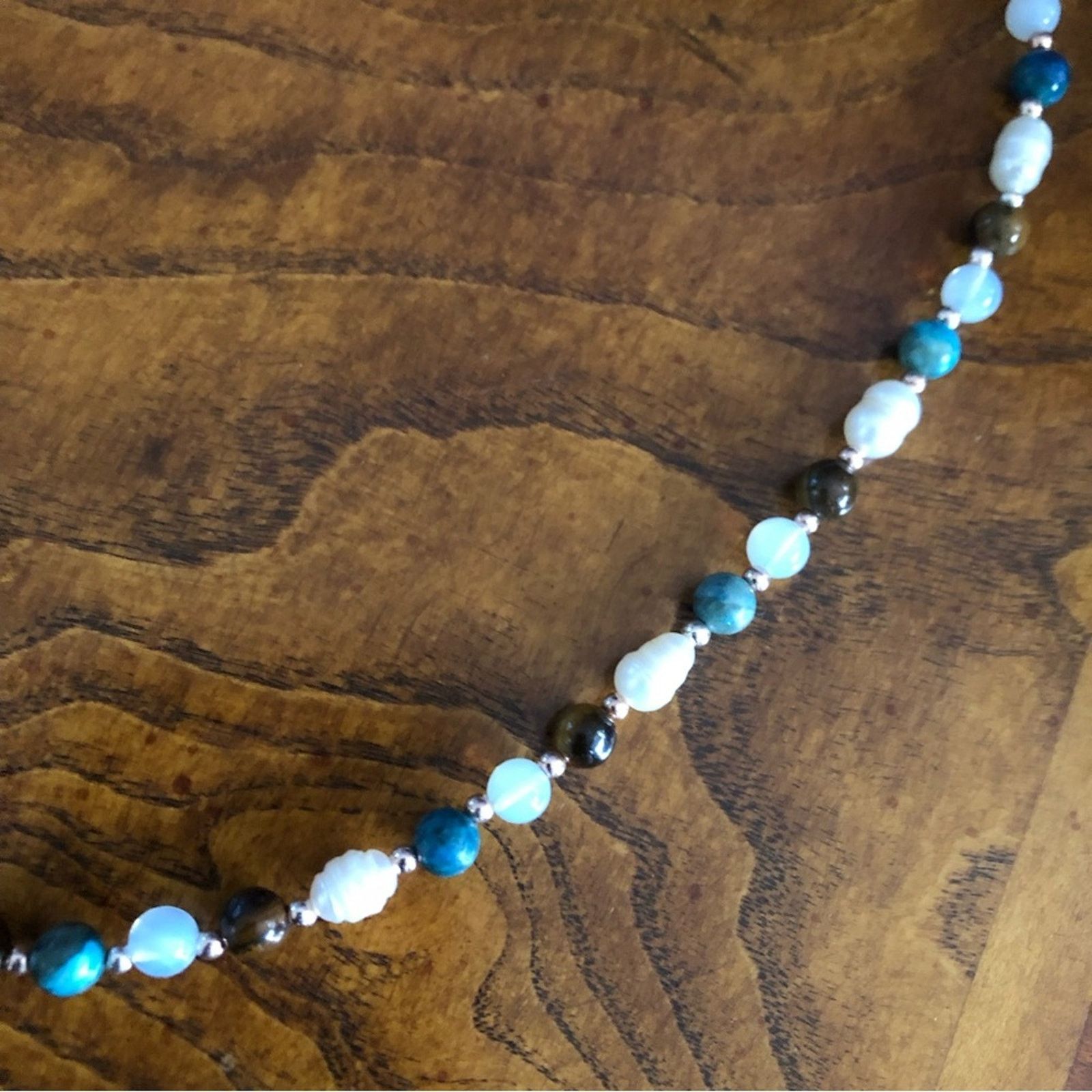 Handmade Handcrafted Tiger eye howlite stone genuine pearl necklace Size ONE SIZE - 10 Thumbnail