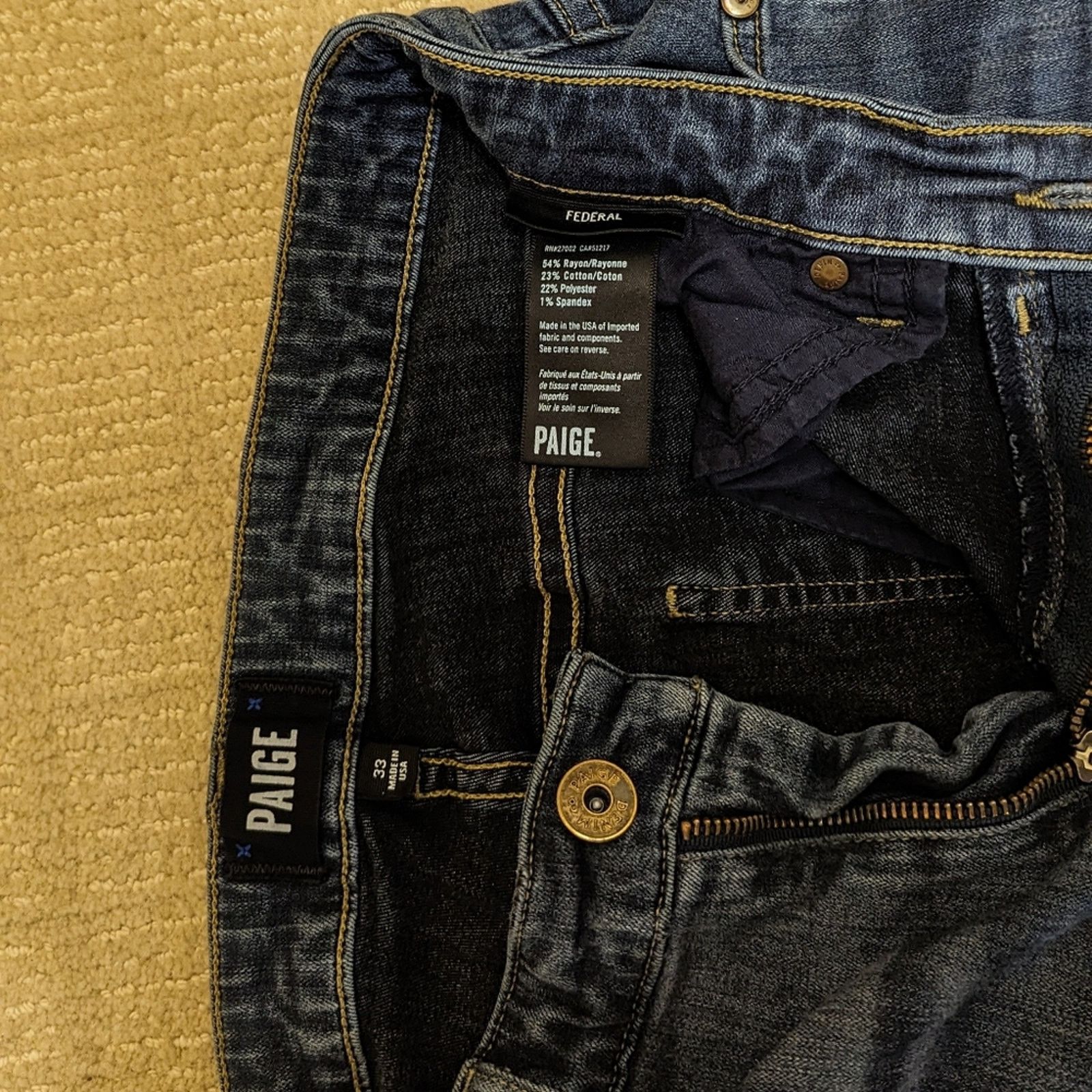 Paige PAIGE Mens Federal Rigby Slim Fit w33, inseam 28. Size US 33 - 2 Thumbnail