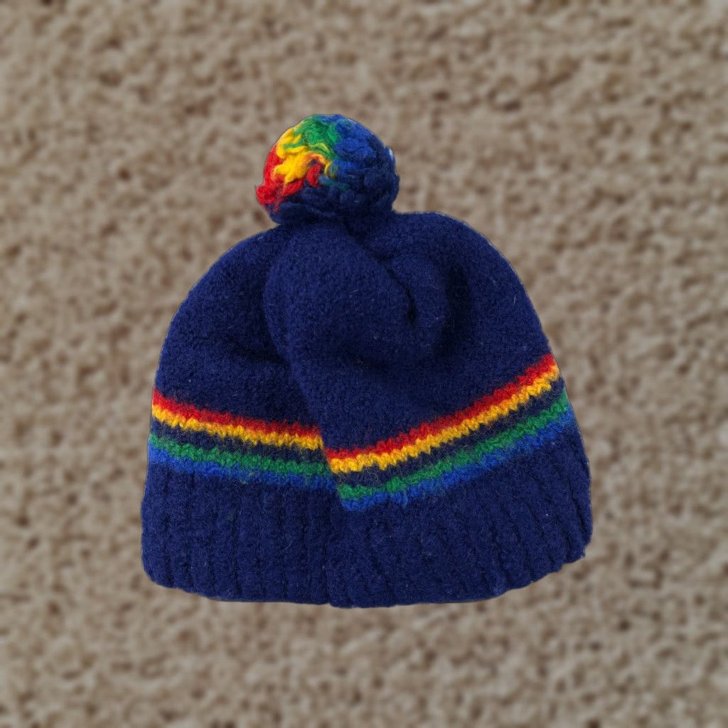 Rainbow VINTAGE Meister Beanie Toque Adult One Size Blue Rainbow Wool Made New Zealand Pom Hat Mens Beanie 90s Ski Size ONE SIZE - 1 Thumbnail