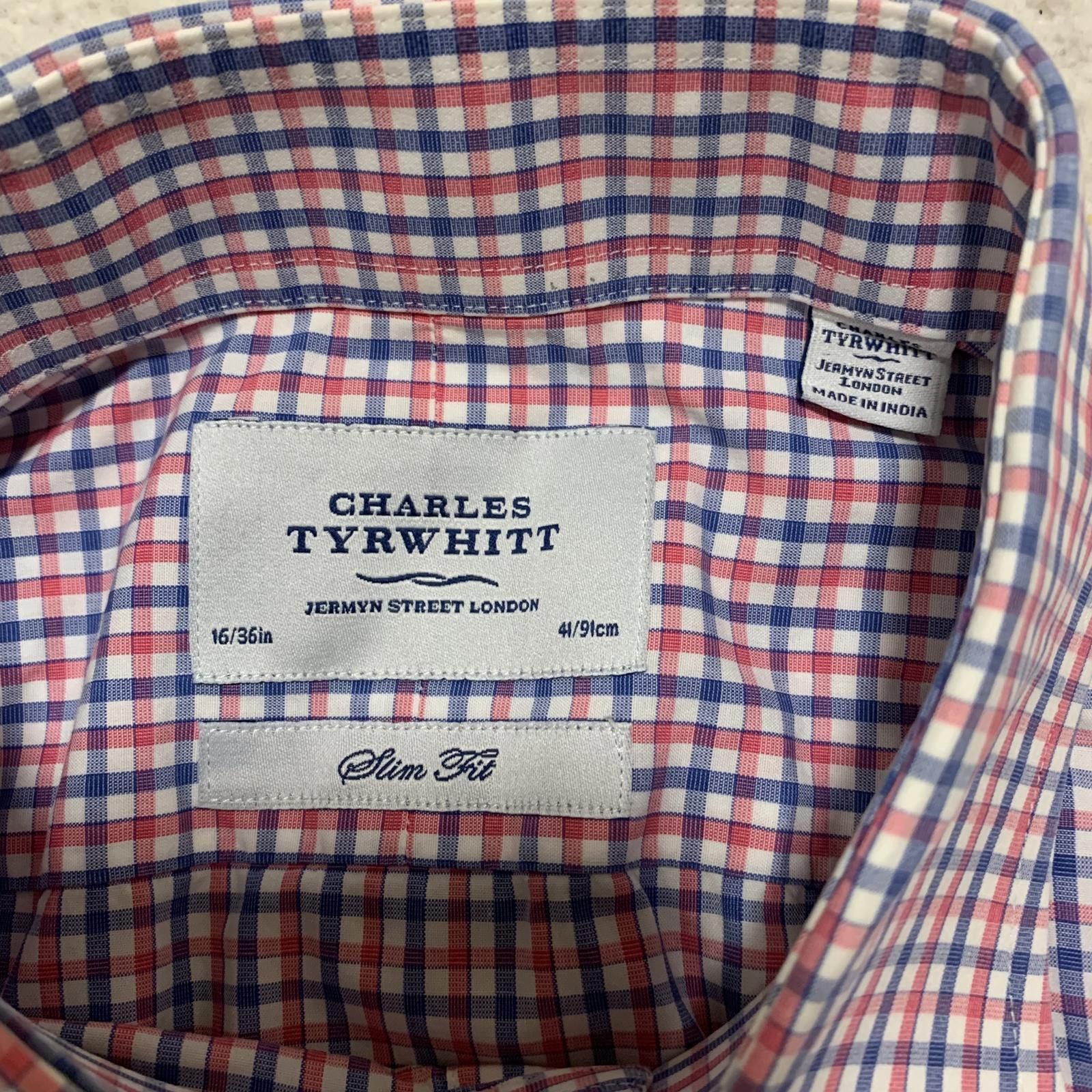 Charles Tyrwhitt Charles Tyrwhitt Slim Fit Men's 16/36 Red Blue Check Shirt Size 38R - 3 Thumbnail