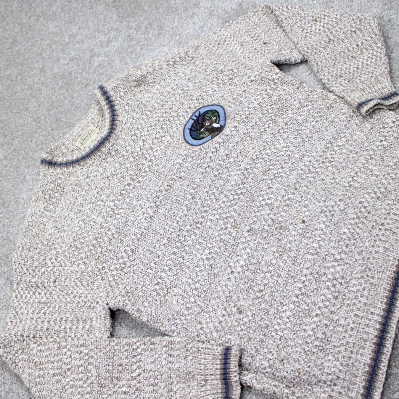 Vintage VTG St. Johns Bay Sweater Mens Medium Beige Knit Thick Embroidered Deer Patch Pullover Cardigan Crew Neck All Seasons" Size US M / EU 48-50 / 2 - 5 Thumbnail