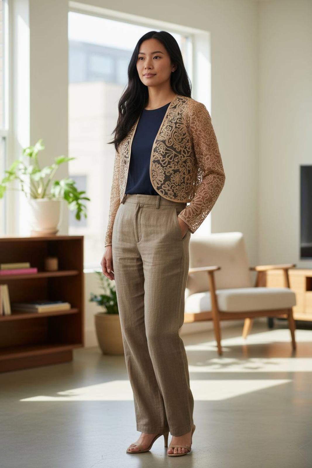 Other EY Signature Women's Beige Embroidered Sheer Blazer Size L / US 10 / IT 46 - 2 Thumbnail