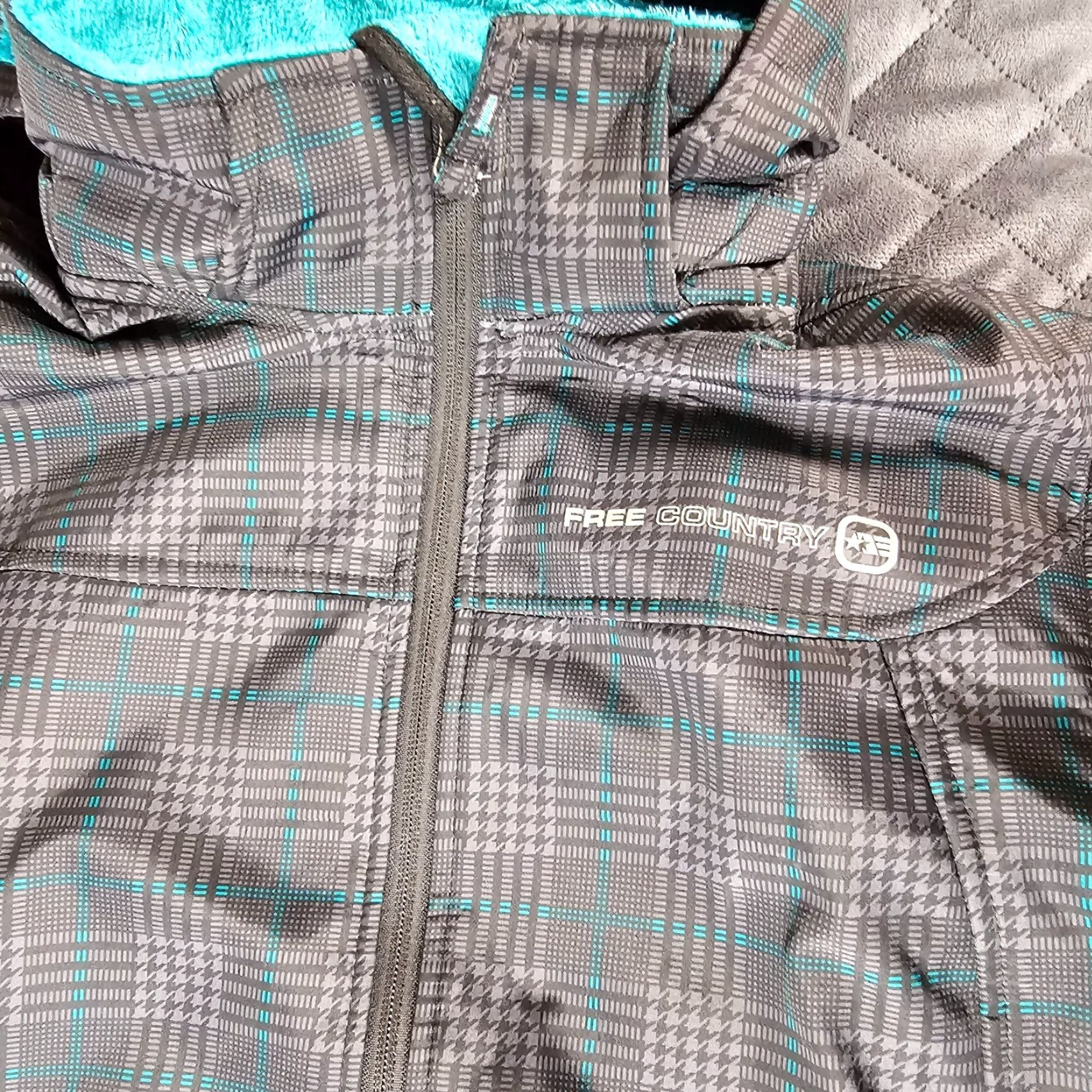 Free Country Free Country Jacket Teens Size S Turquoise Lined Plaid Gray Hooded Faux Fur Size S / US 4 / IT 40 - 3 Thumbnail