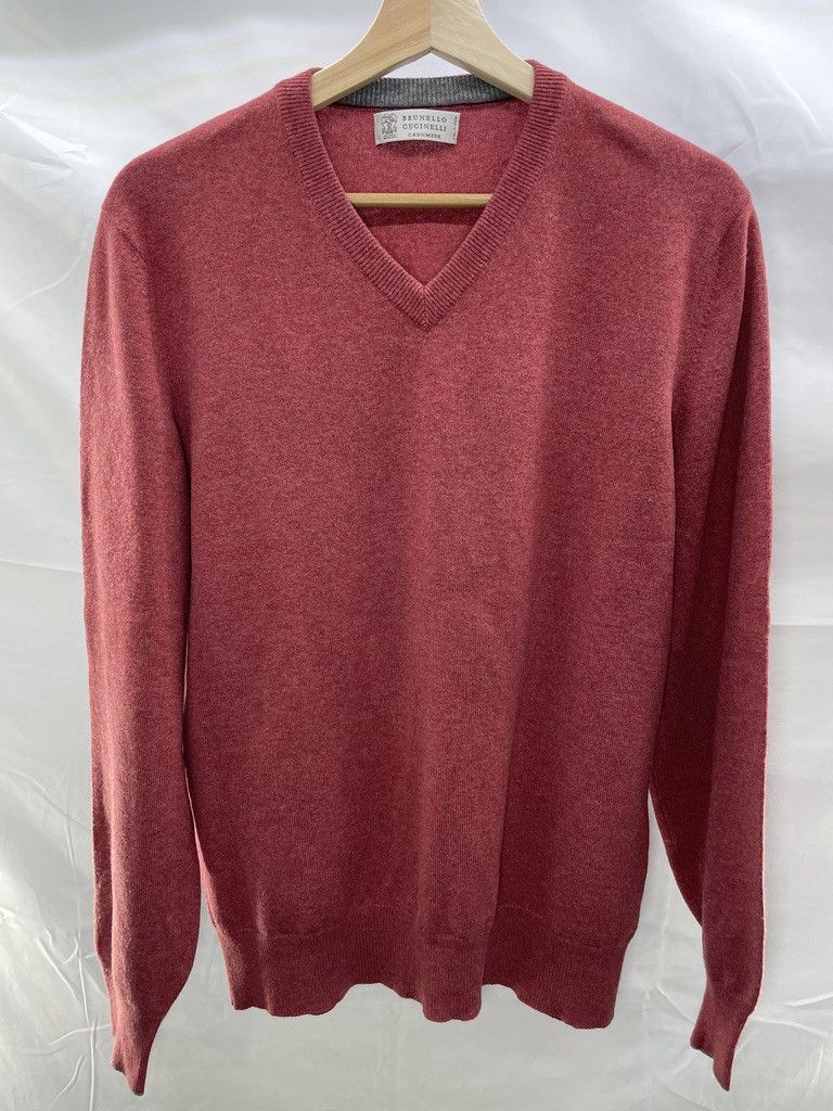 Brunello Cucinelli BRUNELLO CUCINELLI Red V Neck 100% Cashmere Sweater Size US M / EU 48-50 / 2 - 1 Thumbnail