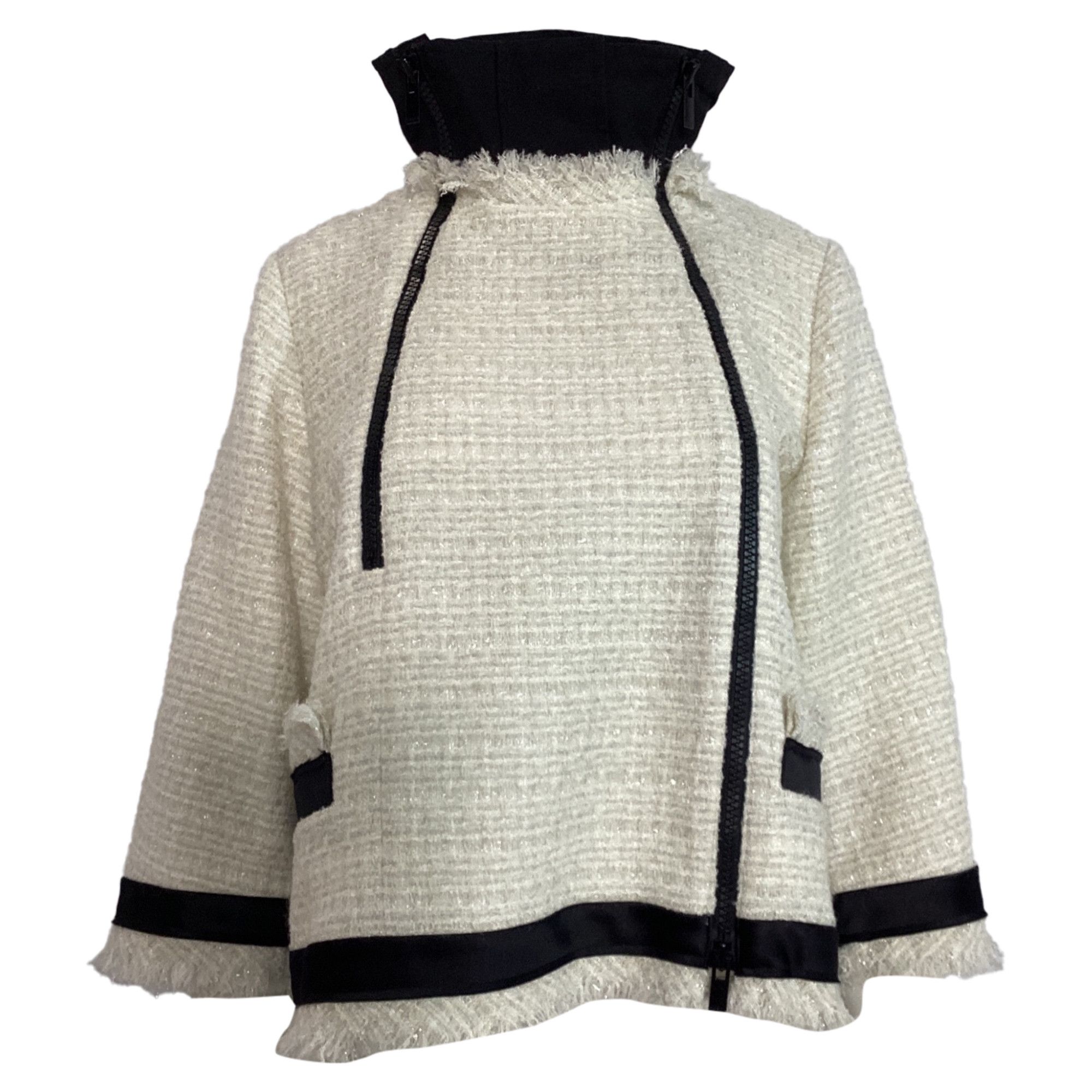 Sacai Sacai Double-Zipped Tweed Jacket in White Wool Size XS / US 0-2 / IT 36-38 - 1 Thumbnail