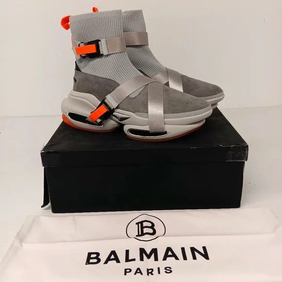 Balmain Men's Grey/Orange B Bold Strap Hi Sneakers-EU43/US10