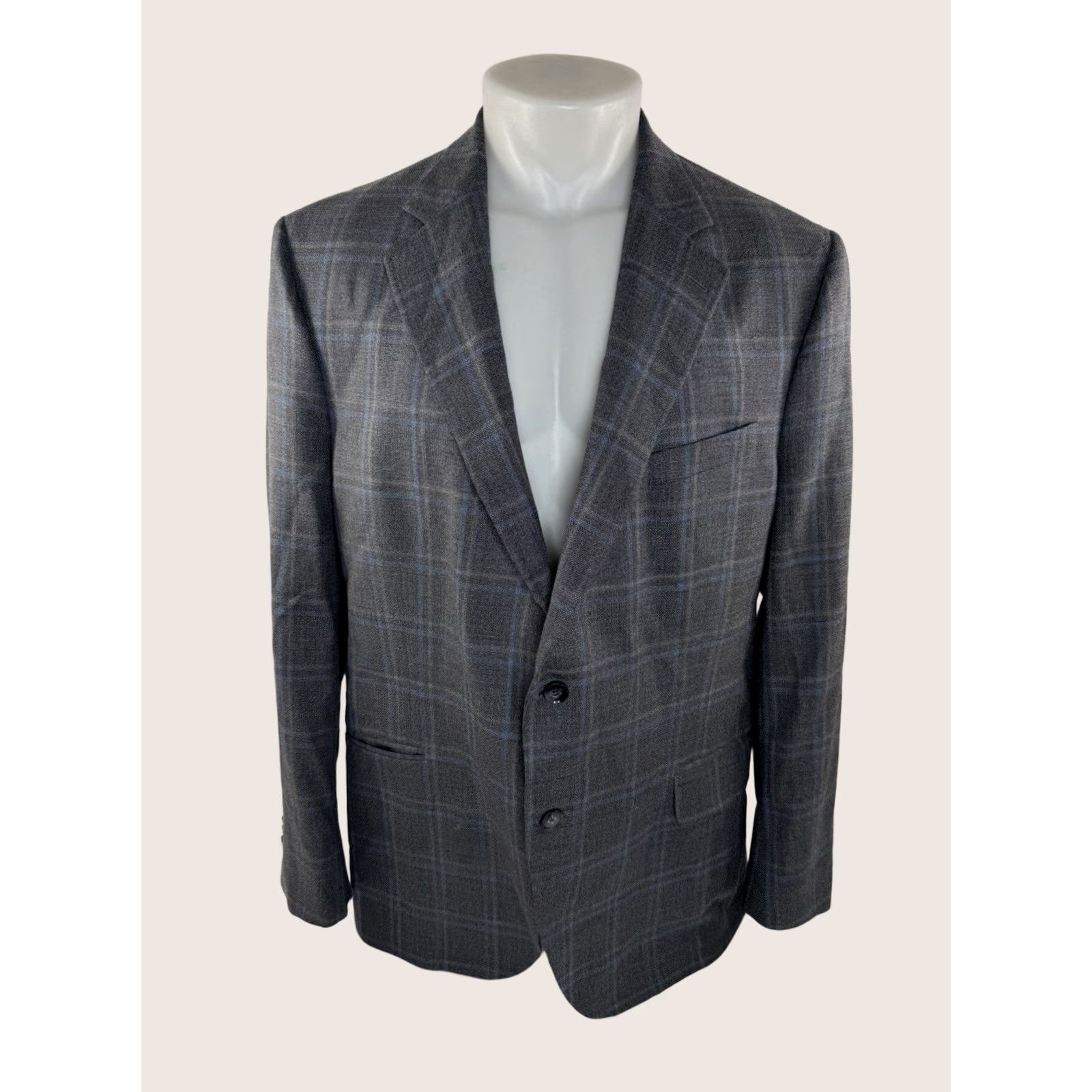 Peter Millar PETER MILLAR Blazer Wool Windowpane Plaid Mens 46 R Gray & Blue JL EXCELLENT Size 46R - 1 Thumbnail