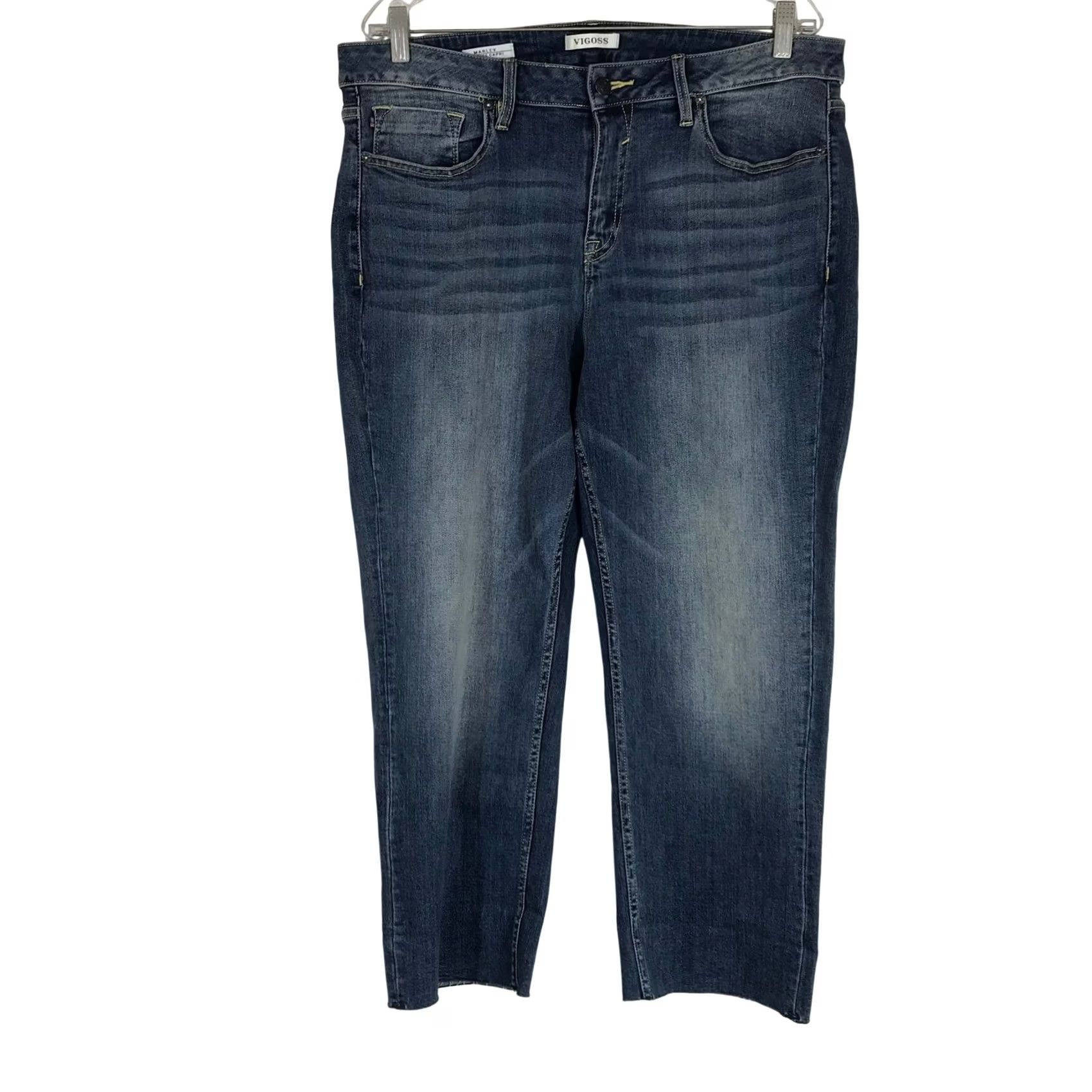 Vintage VIGOSS Marley Mid Rise Capri Jeans Medium Wash Blue Denim Women 18P Capri Jeans, 5-Pocket, Raw Hem, Stretch, Mid Rise, White/Blue? Size 40" / US 18 - 2 Thumbnail