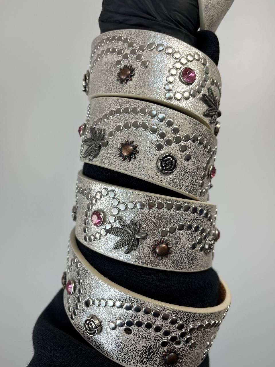 Other Vintage Studded Leather Belt Western Biker Floral Rhinestone Size ONE SIZE - 5 Thumbnail