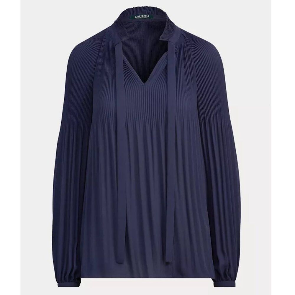 Ralph Lauren Ralph Lauren Pleated Georgette Tie-Neck Blue Blouse Size L Size L / US 10 / IT 46 - 2 Thumbnail