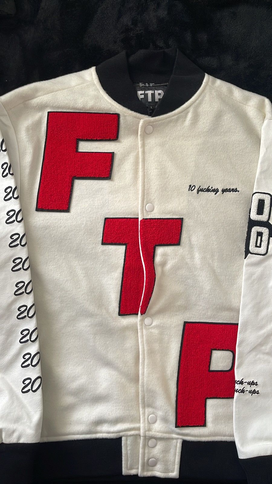 image of Fuck The Population Ftp 10 Year Anniversary Varsity Jacket in White, Men's (Size Large)