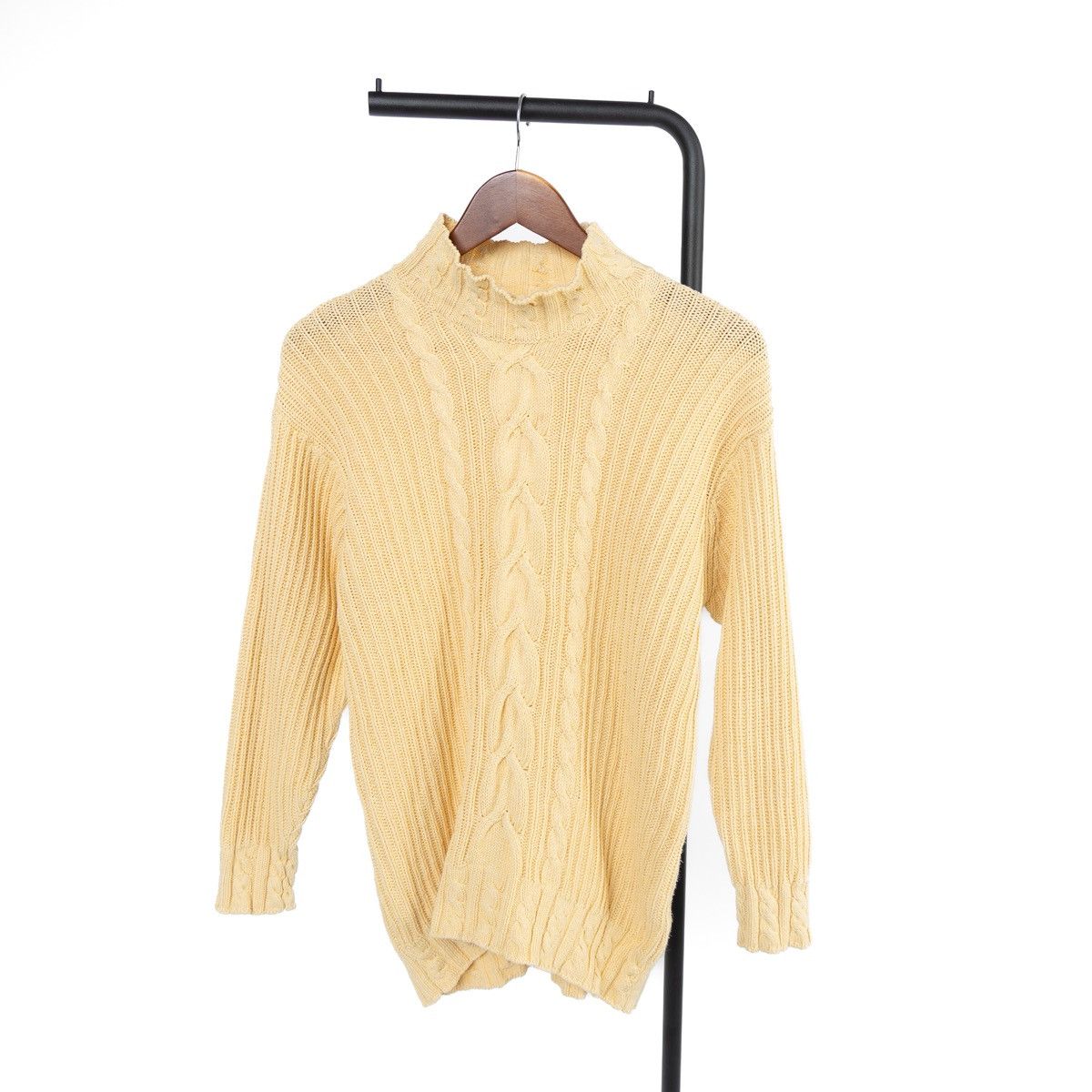 Vintage Vintage Wmns Yellow Cable Knit Sweater High Neck Ribbed Knit Size M / US 6-8 / IT 42-44 - 1 Thumbnail