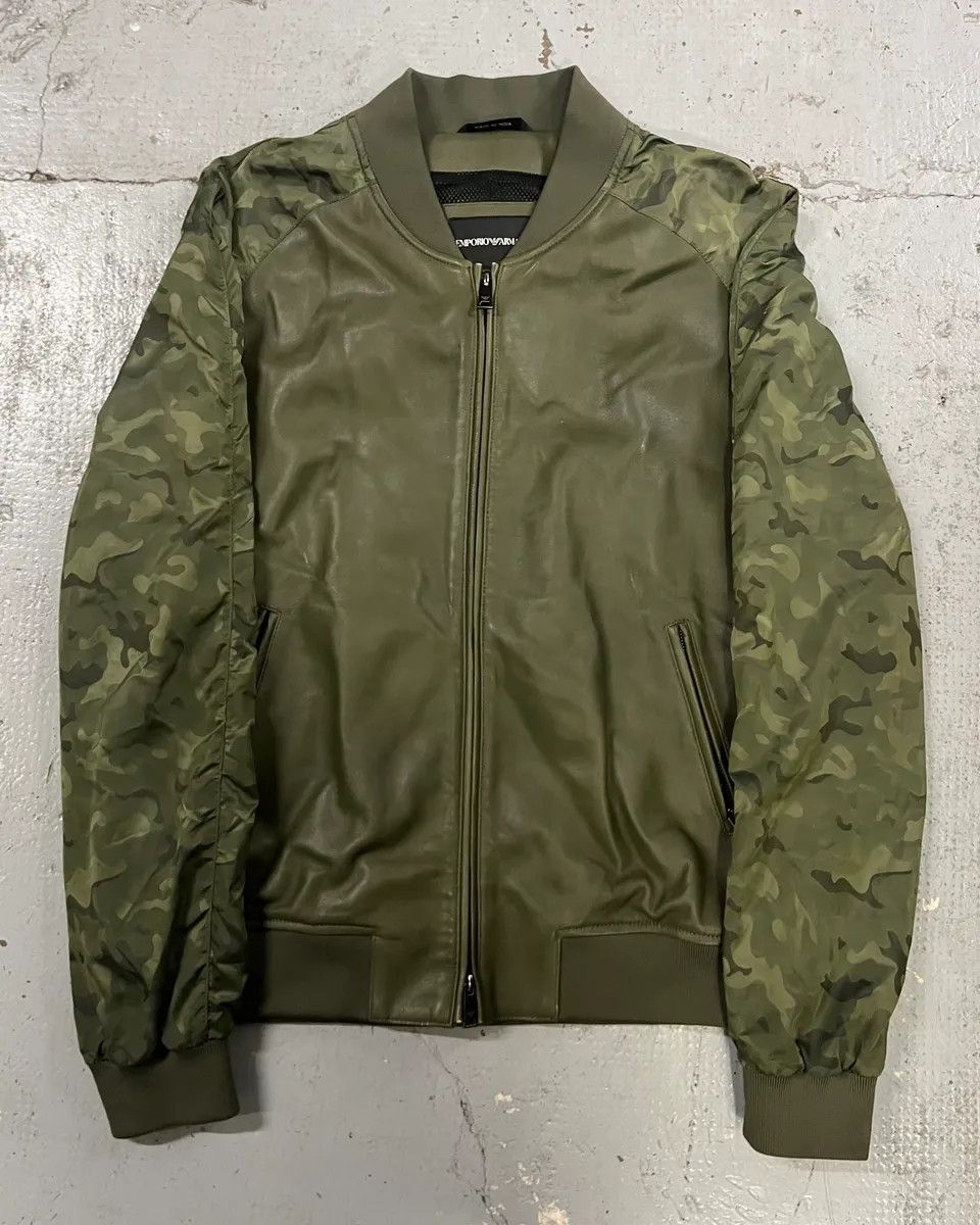 Emporio Armani SS2017 Emporio Armani Camo Sleeves Green Leather Bomber Jacket Size US M / EU 48-50 / 2 - 1 Thumbnail