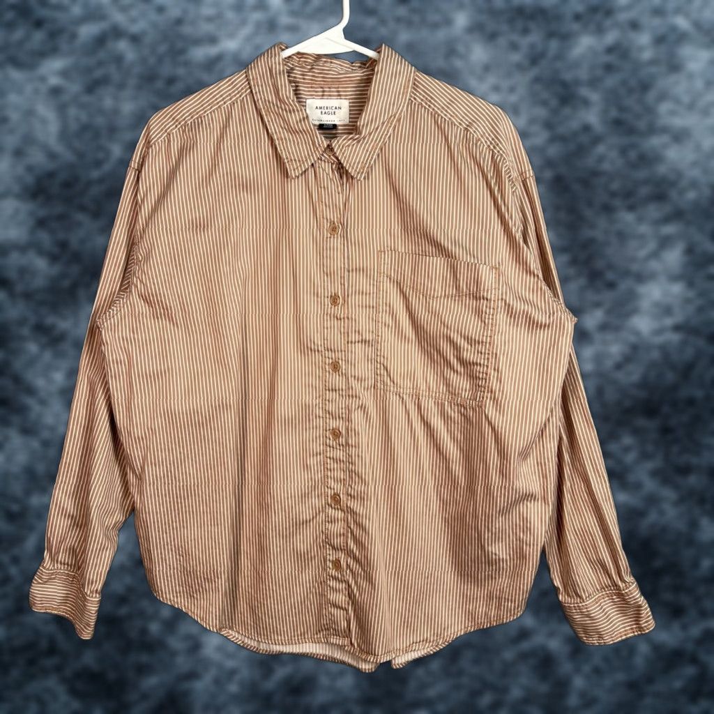 American Eagle Outfitters American Eagle Shirt Womens Size Small Striped Button-Down Brown Long Sleeve Size S / US 4 / IT 40 - 1 Thumbnail