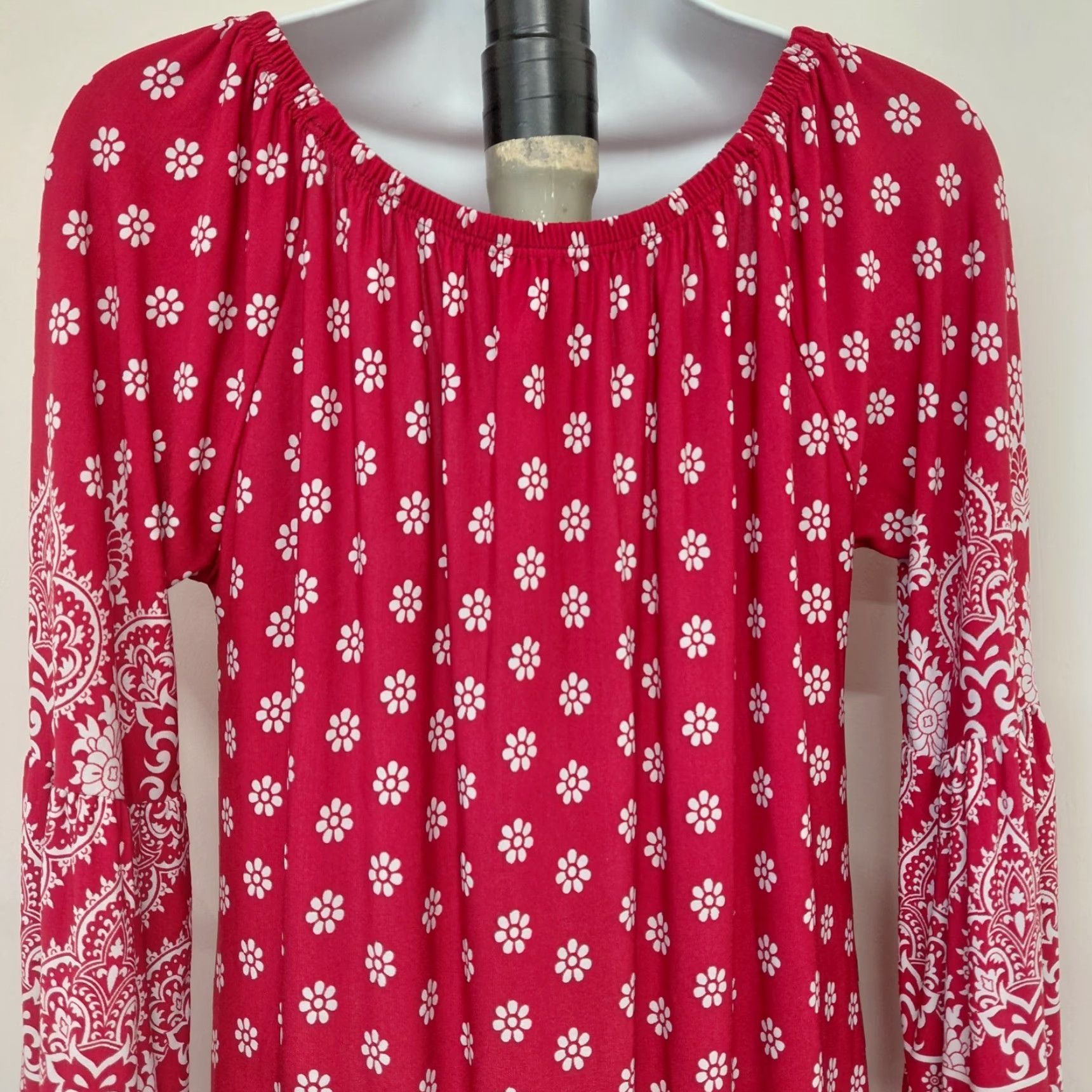 Bell R Rouge Dress Womens Medium Red/White Bohemian Printed Long Bell Sleeve Mini Dress Size M / US 6-8 / IT 42-44 - 6 Thumbnail