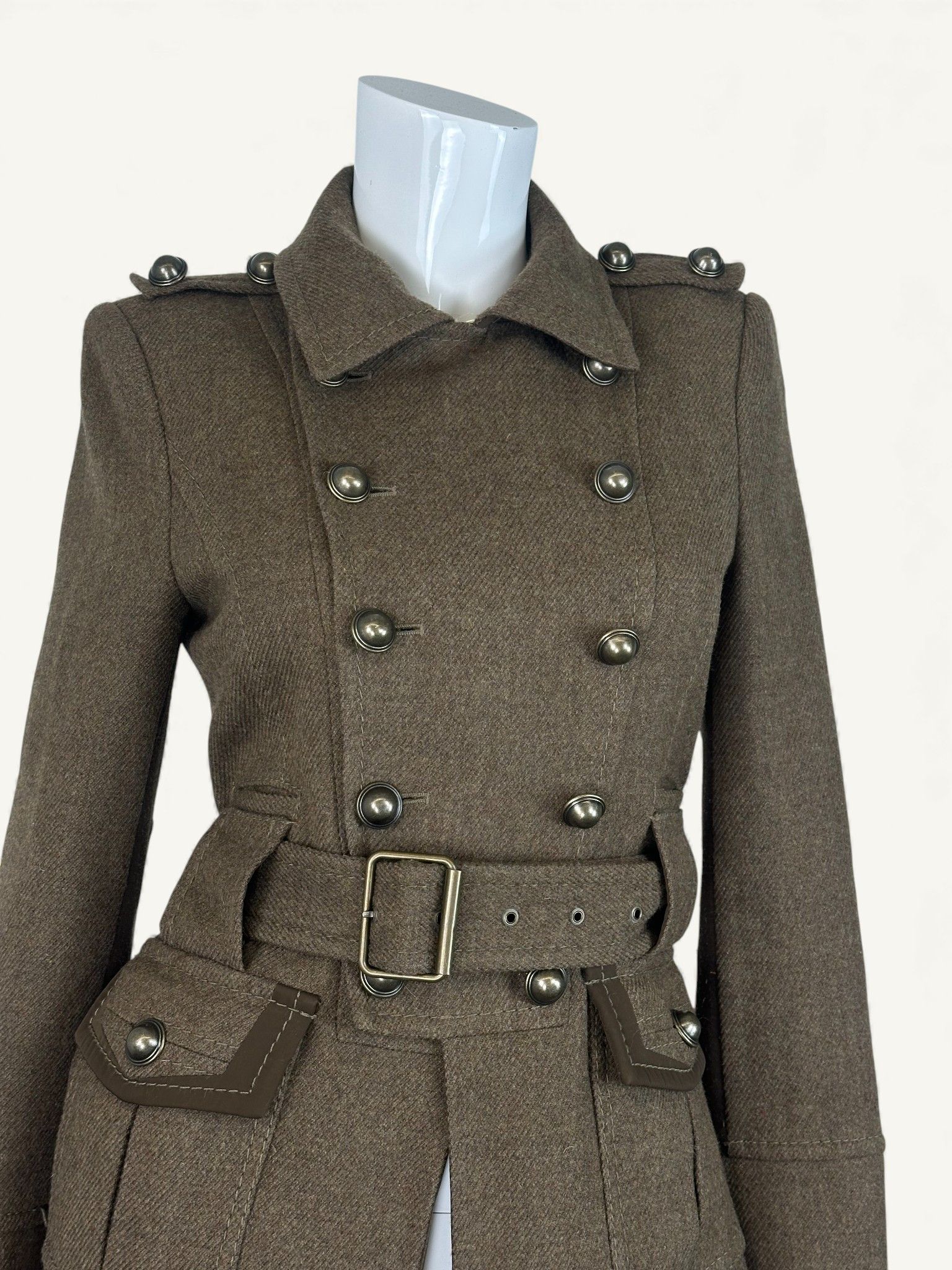 Bcbgmaxazria Wool Military Trench Coat Brown Belted Size XS / US 0-2 / IT 36-38 - 3 Thumbnail