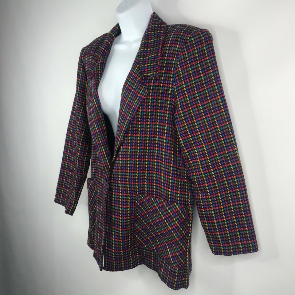 Vintage 80s Blair Rainbow Houndstooth Check Wool Blend Blazer Size XL / US 12-14 / IT 48-50 - 7 Thumbnail
