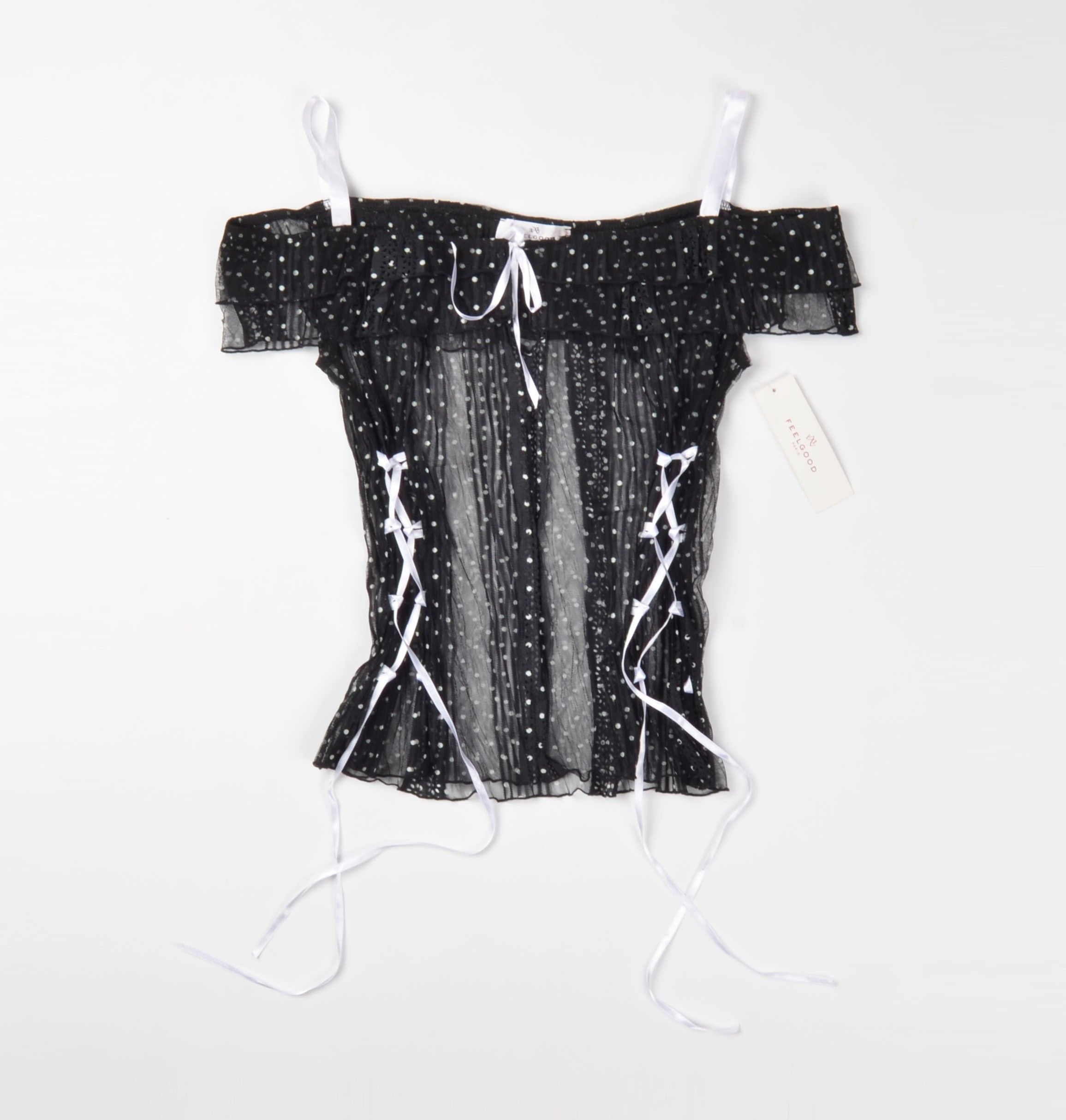 Designer Feelgood Paris Y2K Coquette Mesh Polka Dot Off Shoulders Top Size M / US 6-8 / IT 42-44 - 4 Thumbnail