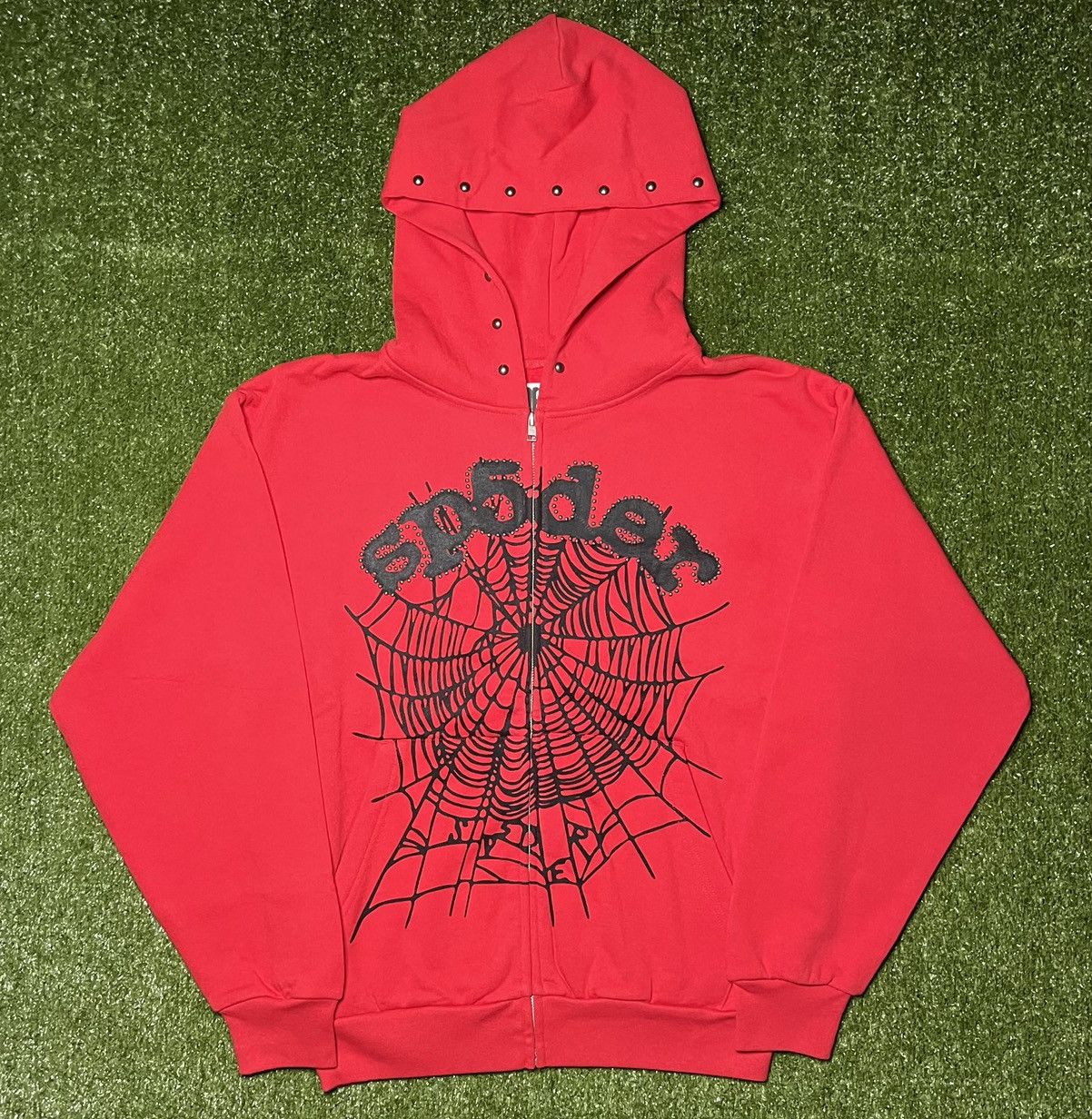 Sp5der Sp5der Worldwide Red OG Web Studded Zip Up Hoodie Size US M / EU 48-50 / 2 - 1 Thumbnail
