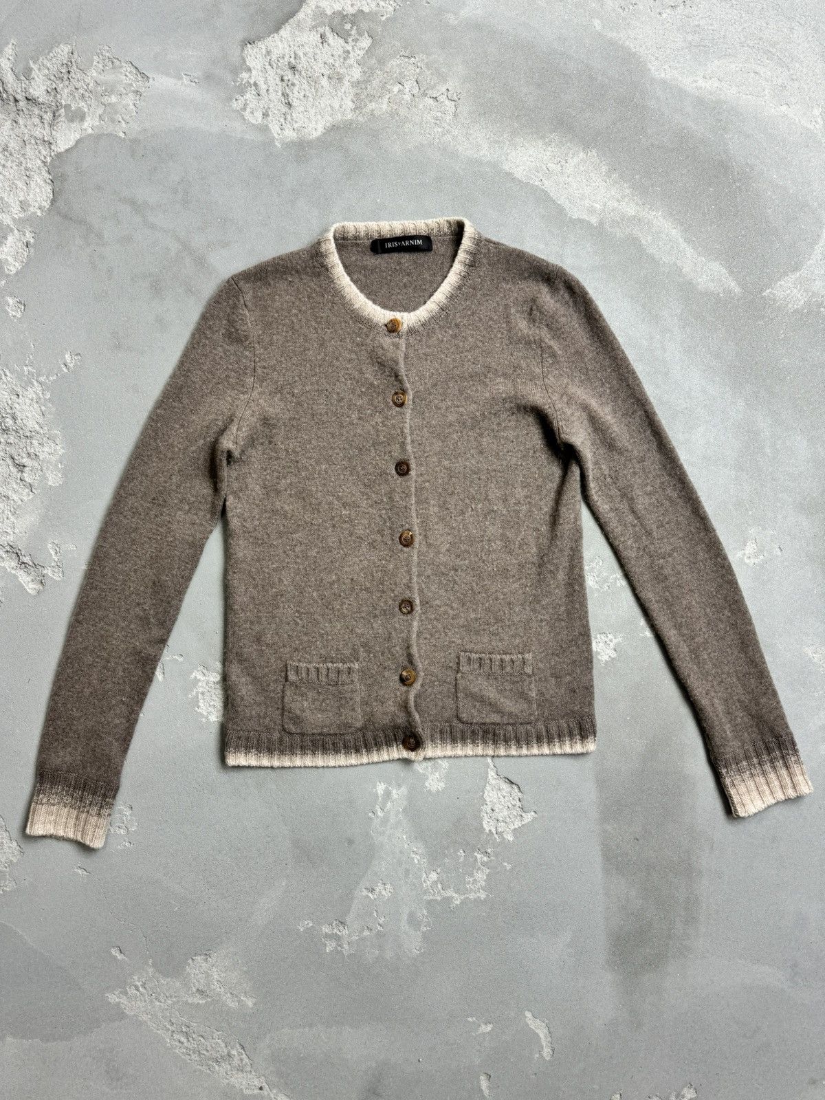 image of Cashmere Wool x Iris Von Arnim Black Cashmere V Neck Cardigan Button Sweater in Beige, Women's (Siz