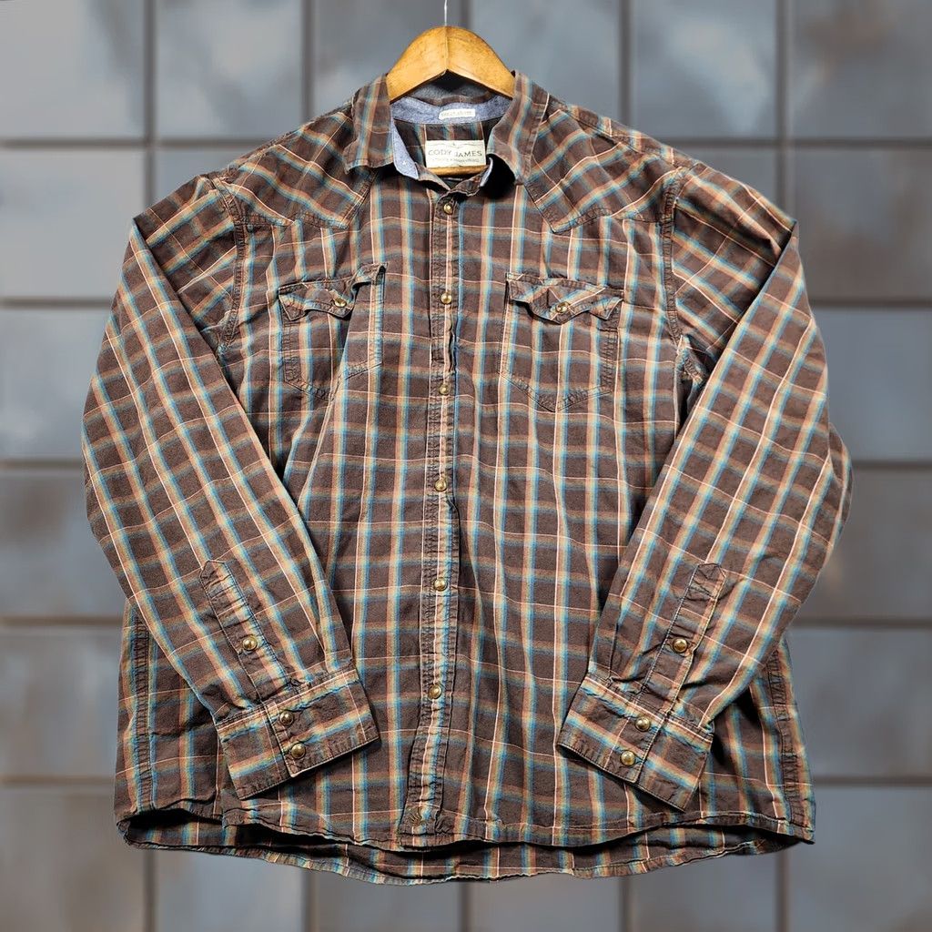 Cody James Cody James Mens Shirt XXL Regular Brown Pearl Snap Plaid Cotton Western HOLE Size US XXL / EU 58 / 5 - 1 Thumbnail