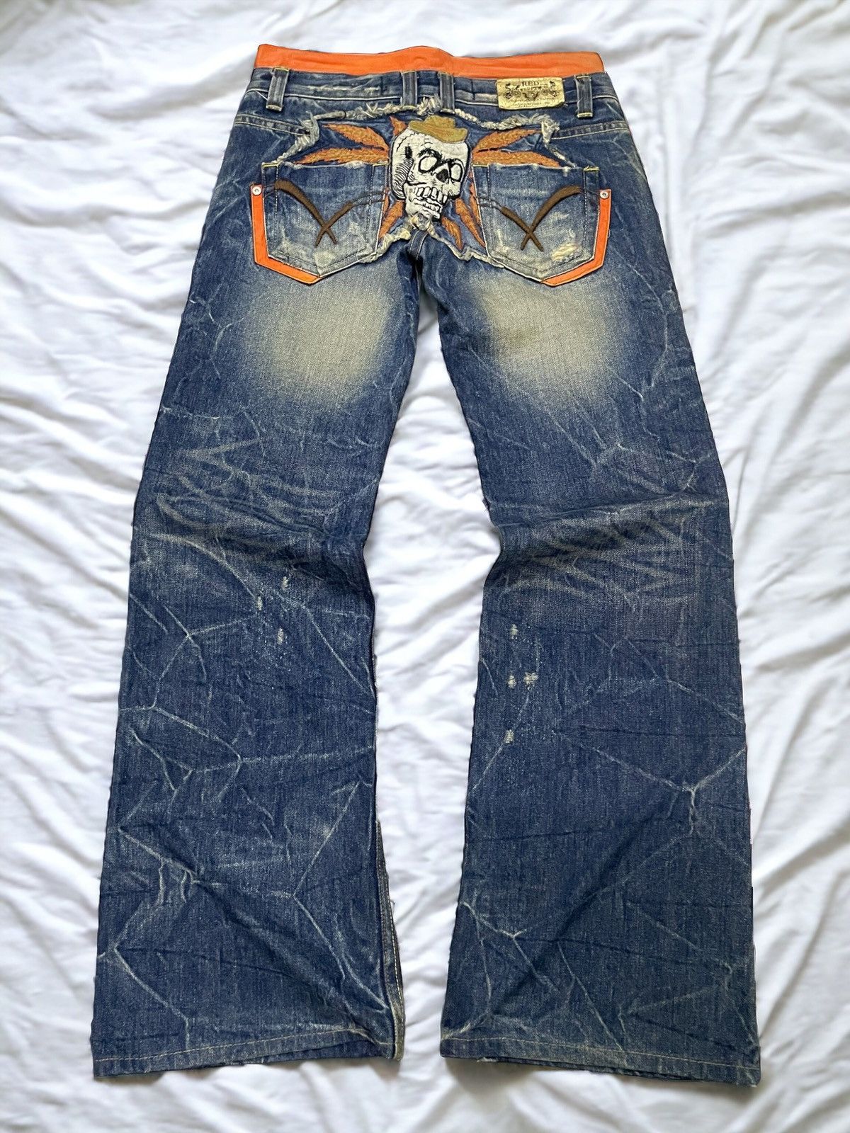 GOSTAR DE FUGA × Hysteric Glamour × Japanese Brand Red Paper Japan Mud Wash Flared Embroidery Skull Jeans Size US 29 - 1 Thumbnail