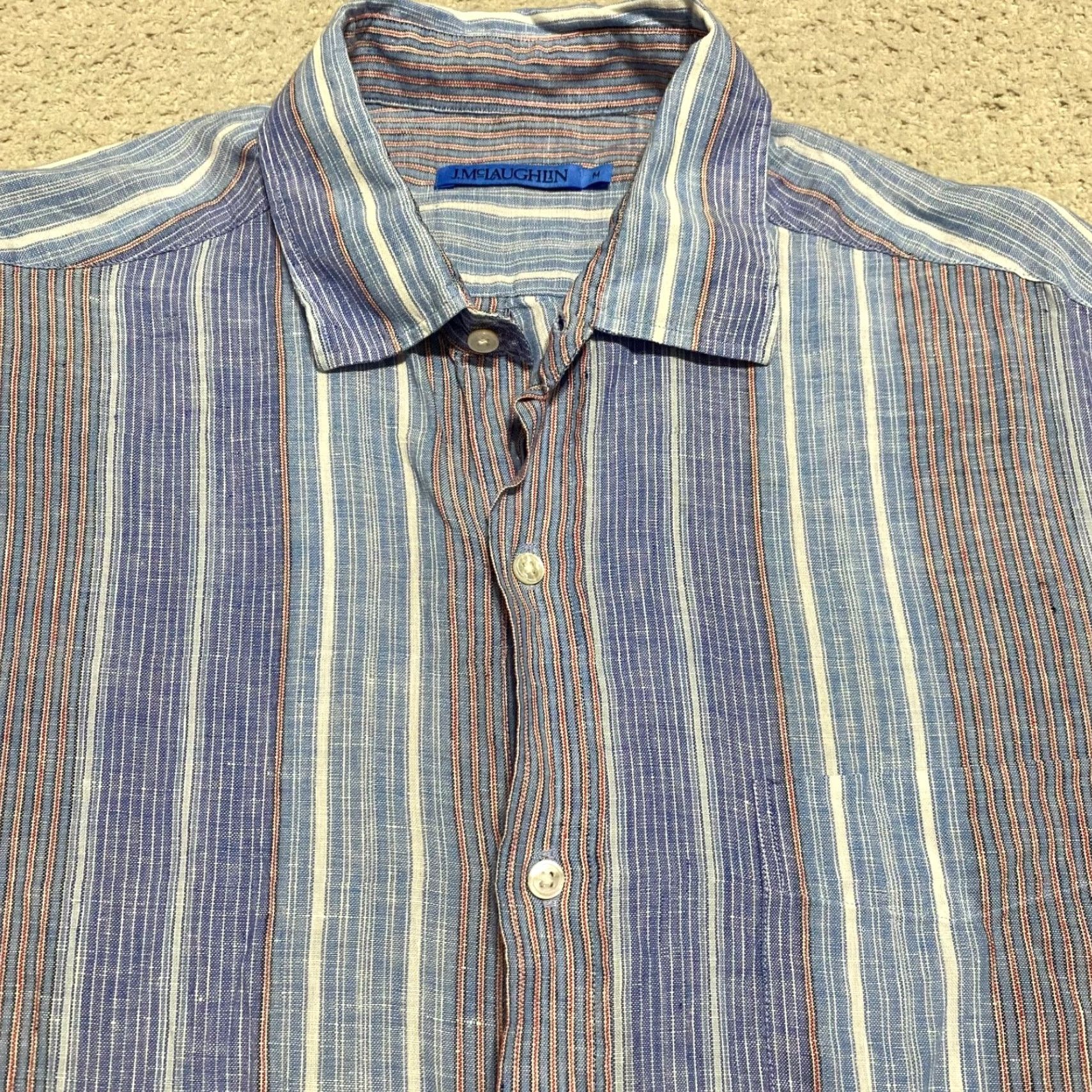 J.McLaughlin J. McLaughlin Shirt Mens Medium Multicolor Striped Button-Front Linen Size US M / EU 48-50 / 2 - 6 Thumbnail