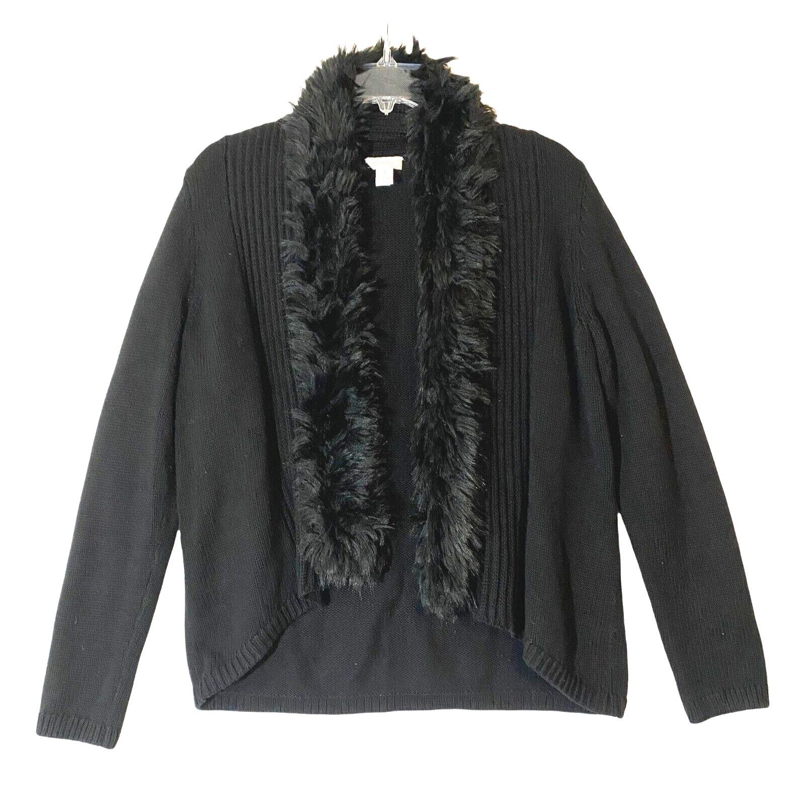 Chicos Chicos Medium Cardigan Sweater Texture Faux Fur Trim Black Size M / US 6-8 / IT 42-44 - 1 Thumbnail