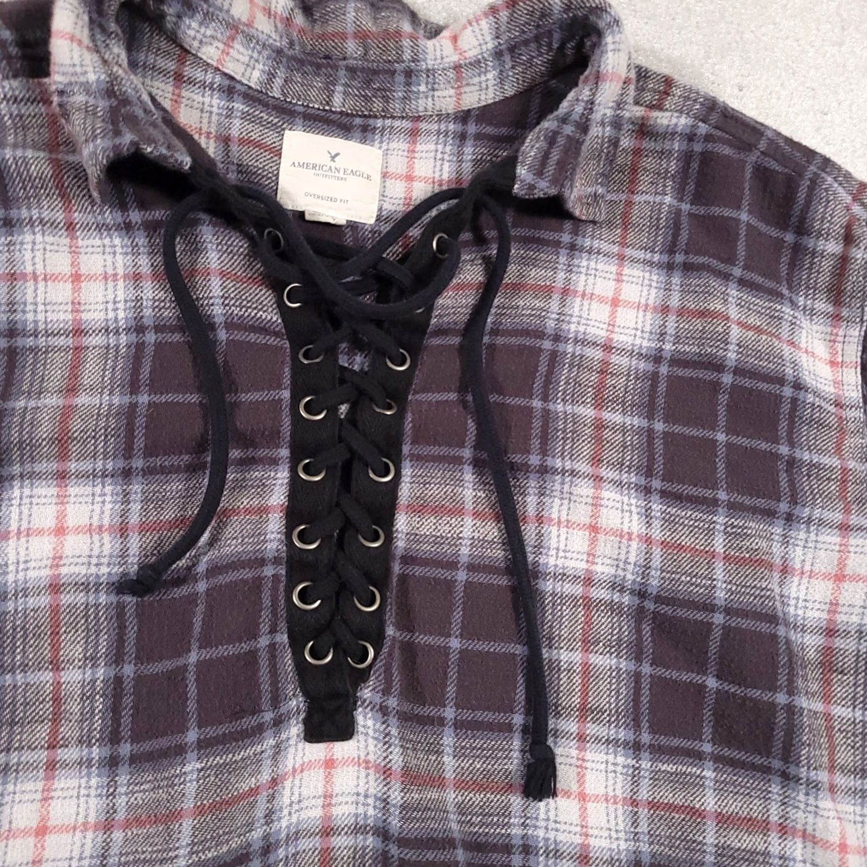 American Eagle Outfitters VINTAGE American Eagle Flannel Shirt Women’s XL Oversized Fit Distressed Lace Up Gray Size XL / US 12-14 / IT 48-50 - 4 Thumbnail
