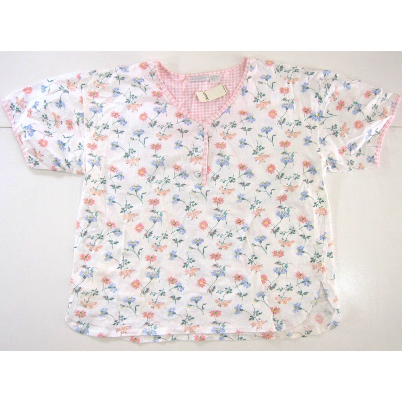 Vintage NWT Maidenform Night Shirt Blouse Short Sleeve Pink Plaid Floral Cotton Large Women Size L / US 10 / IT 46 - 6 Thumbnail