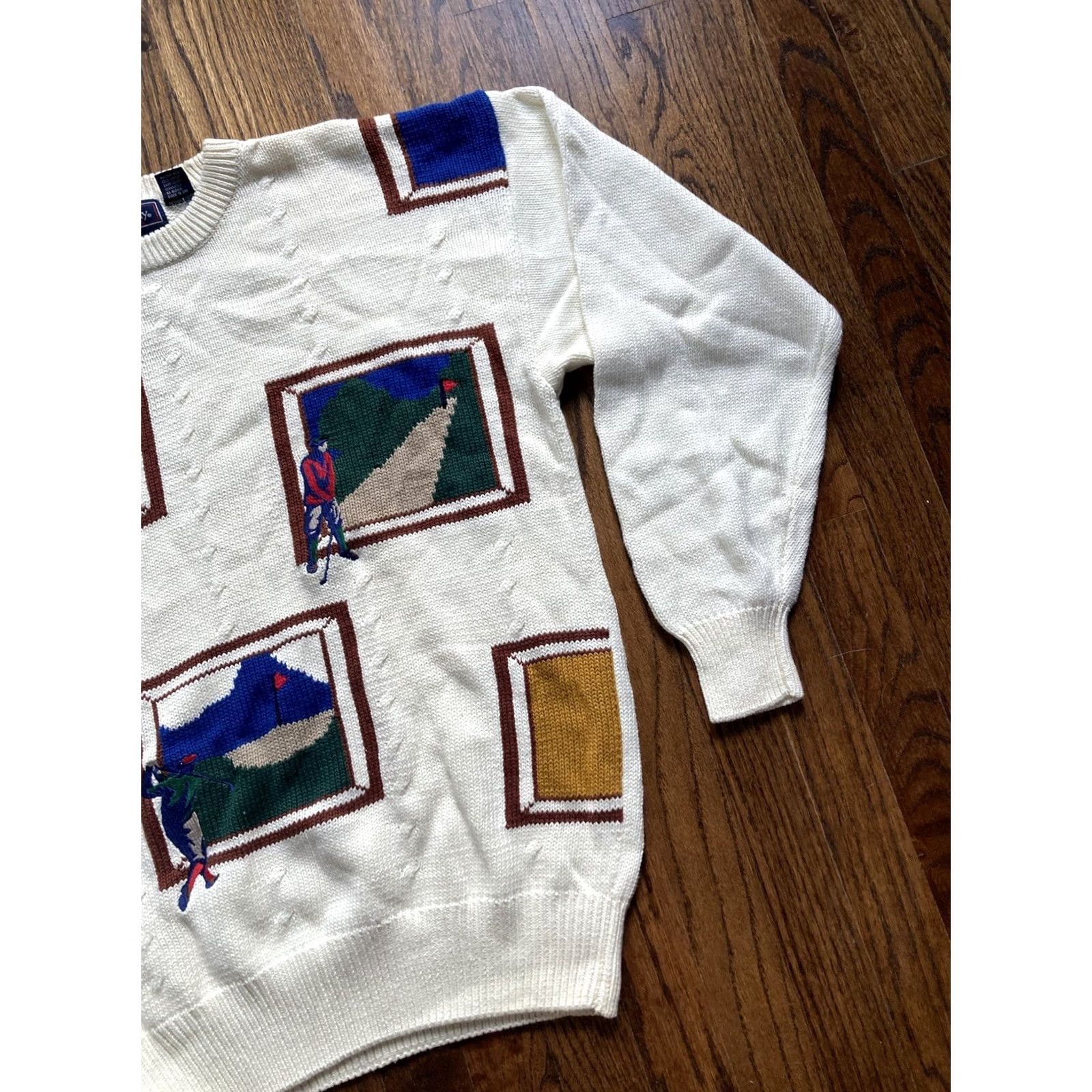 Vintage VINTAGE Hathaway Sweater Mens M cream ivory 90s Golf Size Hand Intarsia Knit Cotton Size US M / EU 48-50 / 2 - 3 Thumbnail