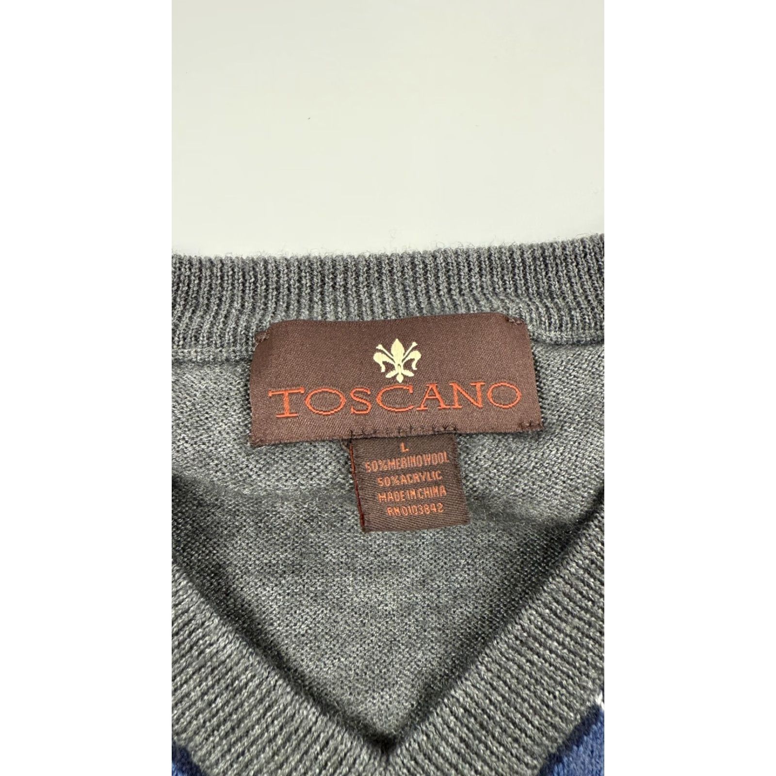 Vintage Toscano Sweater Mens Large Gray Blue Argyle Merino Wool Blend Pullover Knit V-Neck Lightweight All Seasons MENS Size US L / EU 52-54 / 3 - 2 Thumbnail