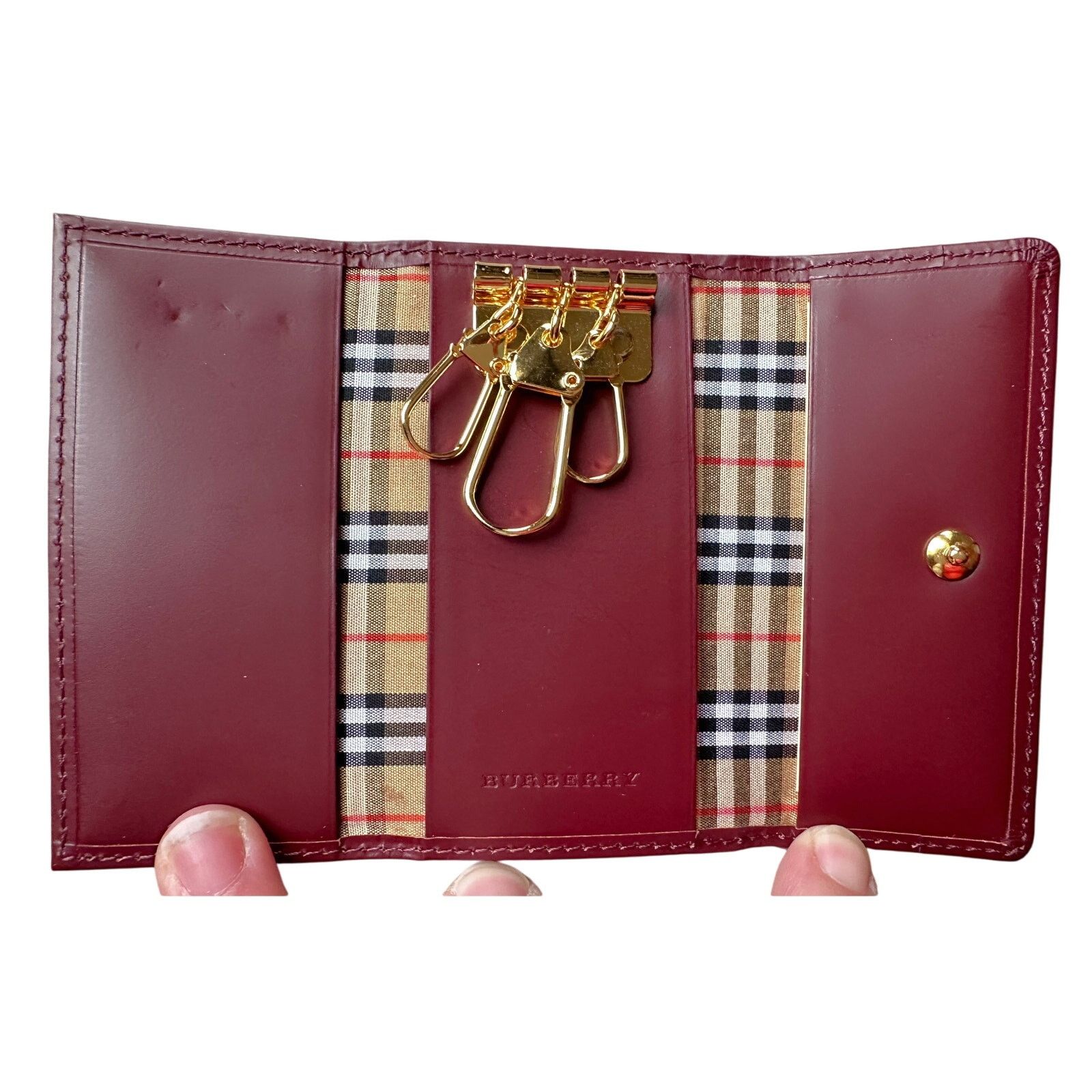 Burberry Burberry Burgundy Leather Key Holder with Nova Check Accent Size ONE SIZE - 2 Thumbnail