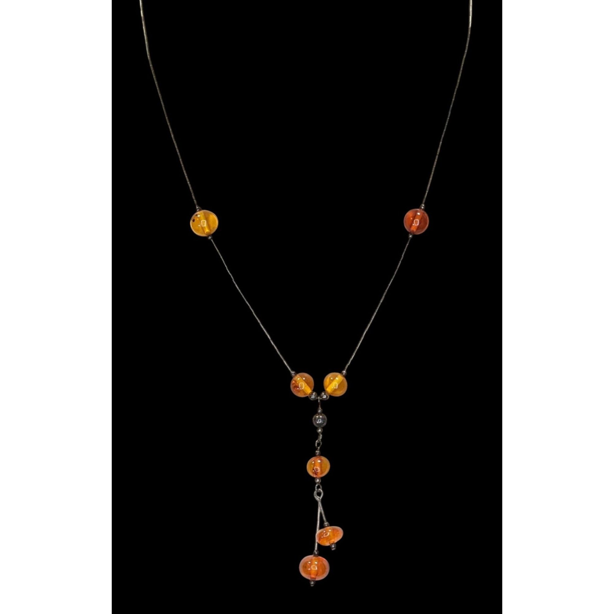 Other Vintage Amber Bead Necklace With Liquid Silver Chain & Drop Size ONE SIZE - 4 Thumbnail