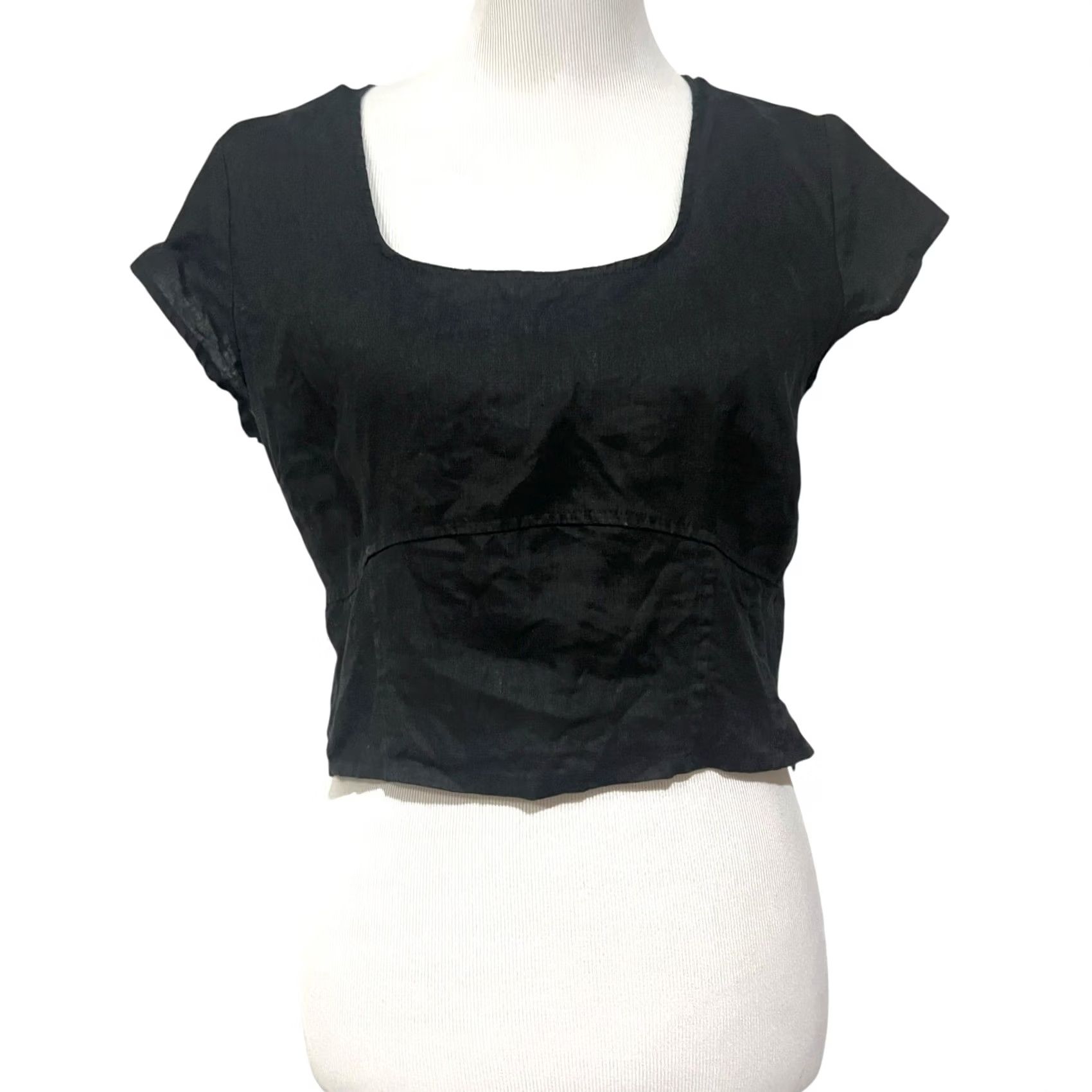 Vintage House of Harlow 1960 Blouse Women's Linen Top Black Square Neck Short Sleeve M Cropped Beach Classic Designer Womens Size M / US 6-8 / IT 42-44 - 2 Thumbnail