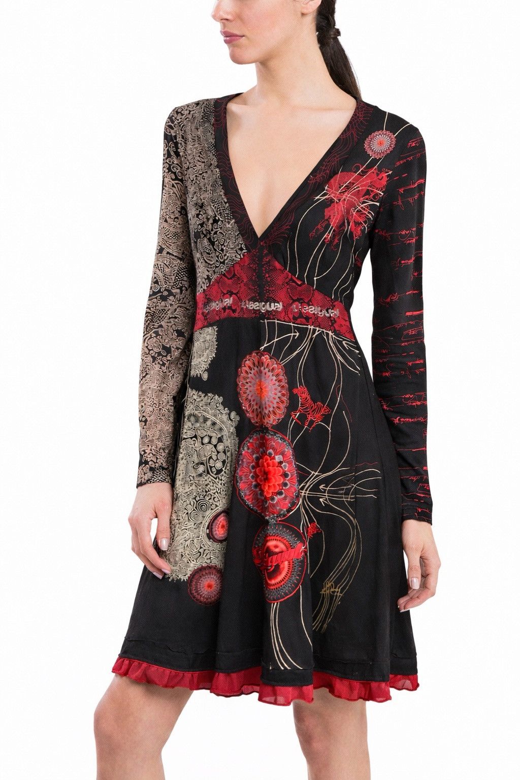 Desigual Desigual Womens Black Red Long Sleeve V-Neck Mini Dress Size XS / US 0-2 / IT 36-38 - 1 Thumbnail