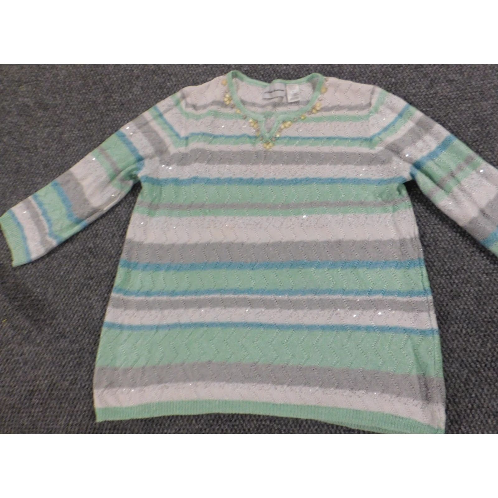 Vintage Alfred Dunner Sweater Womens XL Green Striped Pullover Crew Neck Knit Cap Sleeve Casual Regular Modern Knit Polyester Button Vintage No Size XL / US 12-14 / IT 48-50 - 2 Thumbnail