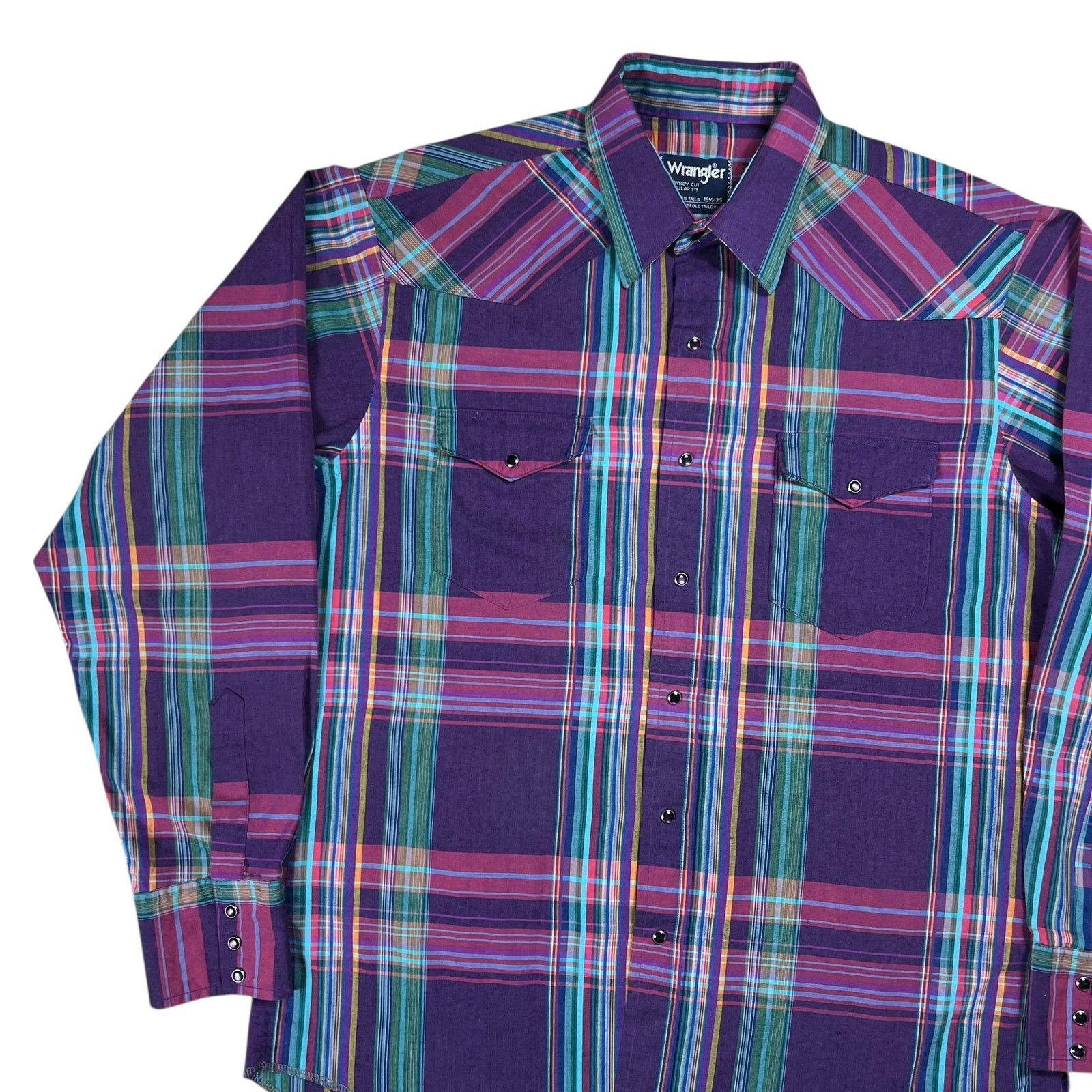 Vintage × Wrangler Vintage 80s Wrangler pearl snap plaid Western button up Size US XL / EU 56 / 4 - 4 Thumbnail
