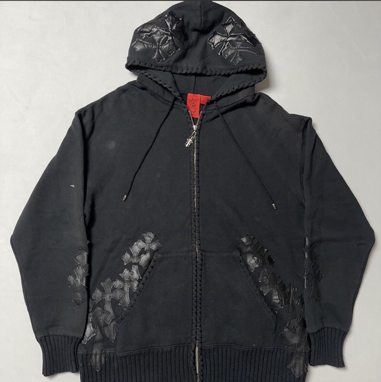A&G Rock Amal Guessous Flooded Cross Patch Leather Hoodie