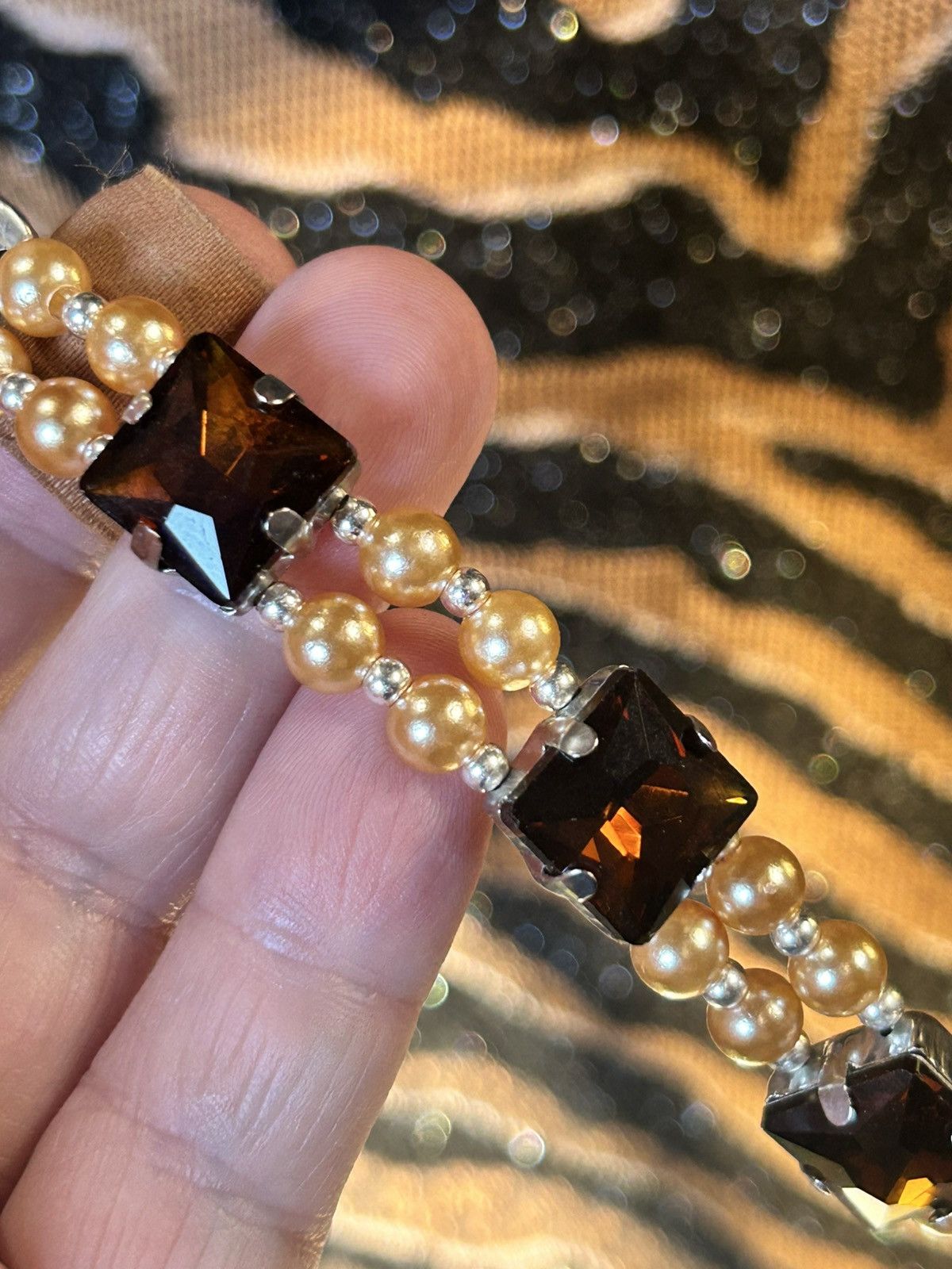 Handmade Handcrafted square cut brown topaz glass pearl bracelet Size ONE SIZE - 6 Thumbnail