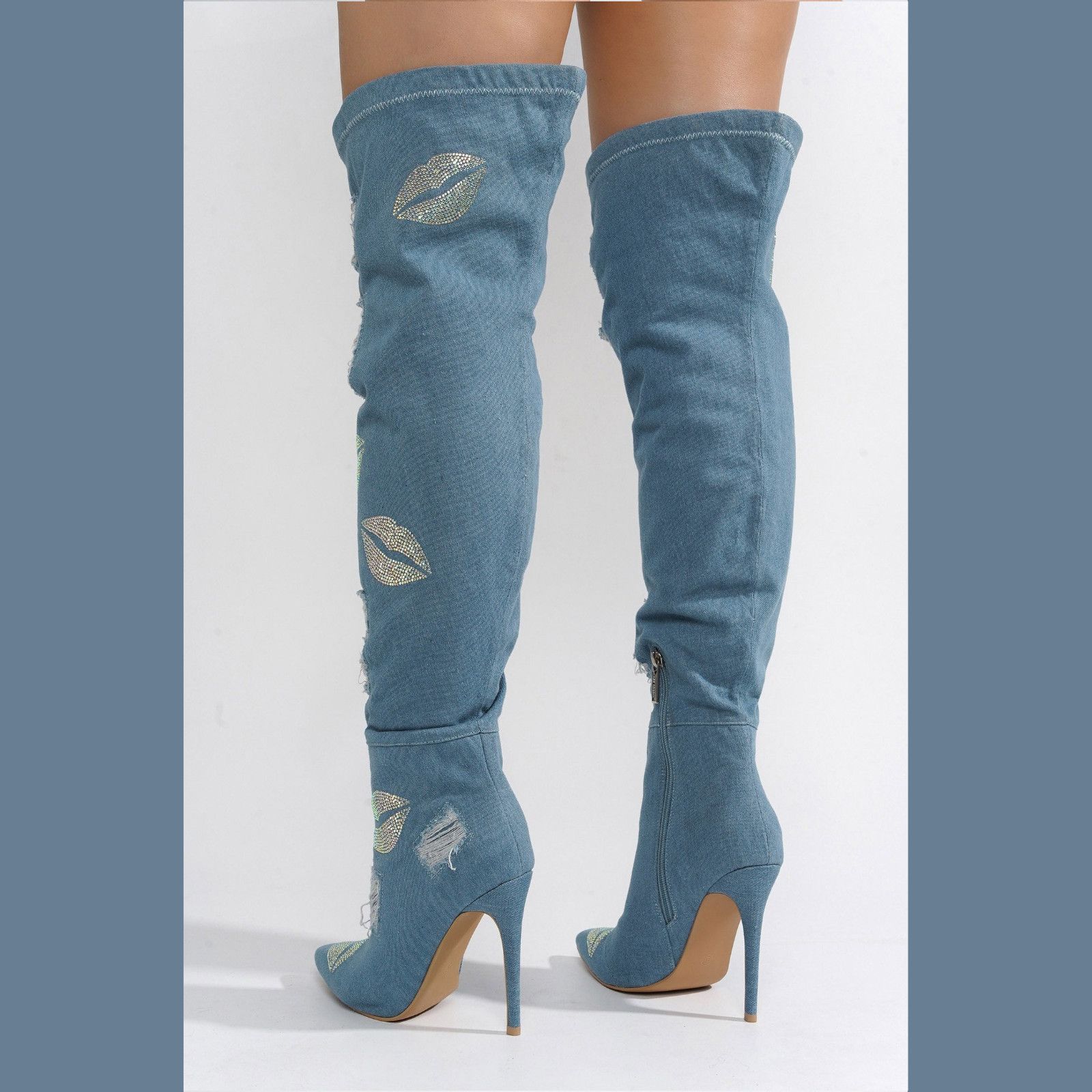 Other Kiss My - Blue Distressed Denim Thigh High Boots With Rhines Size US 7.5 / IT 37.5 - 4 Thumbnail
