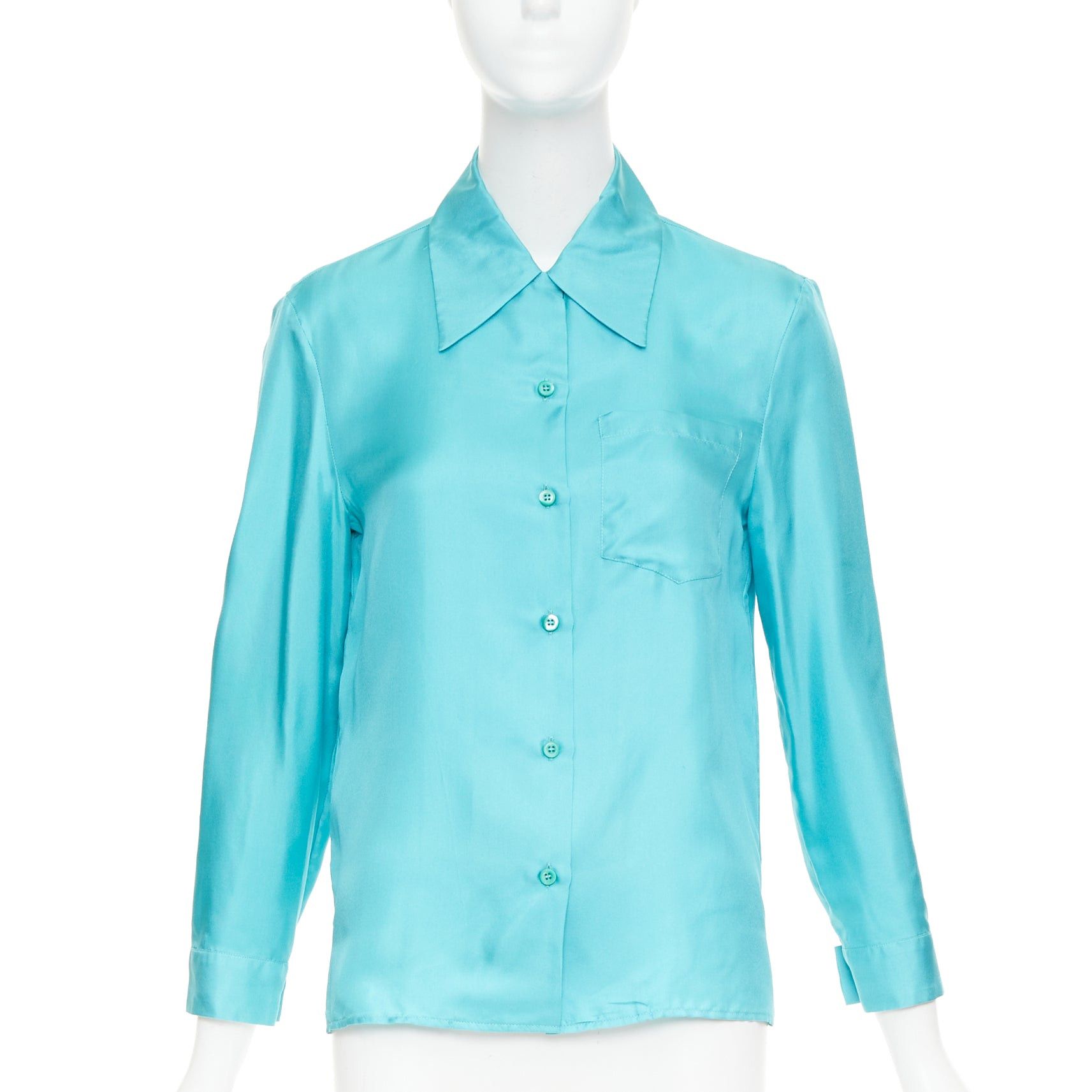 Prada PRADA 2015 100% silk turquoise blue wide collar pocketed button-up shirt IT38 XS Size XS / US 0-2 / IT 36-38 - 1 Thumbnail