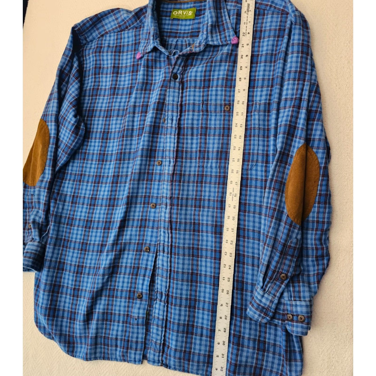 Orvis Orvis Flannel Shirt Mens XL Plaid Blue Button Up Pocket Heavyweight Suede Elbows Size US XL / EU 56 / 4 - 4 Thumbnail