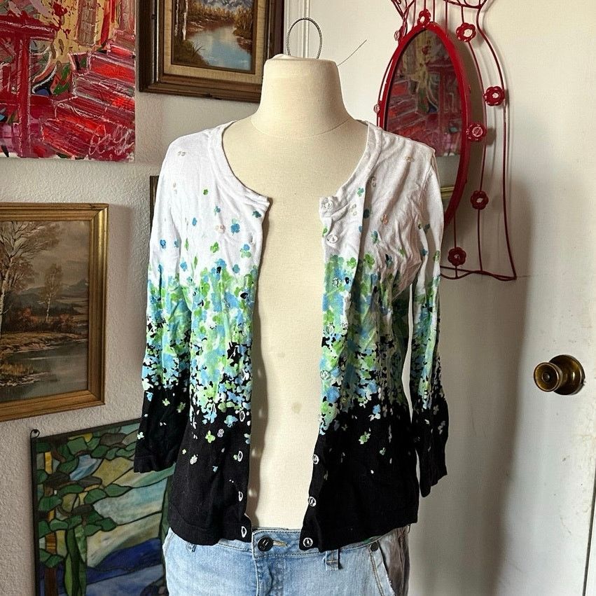 Other charter club green white black floral cardigan Size L / US 10 / IT 46 - 1 Thumbnail