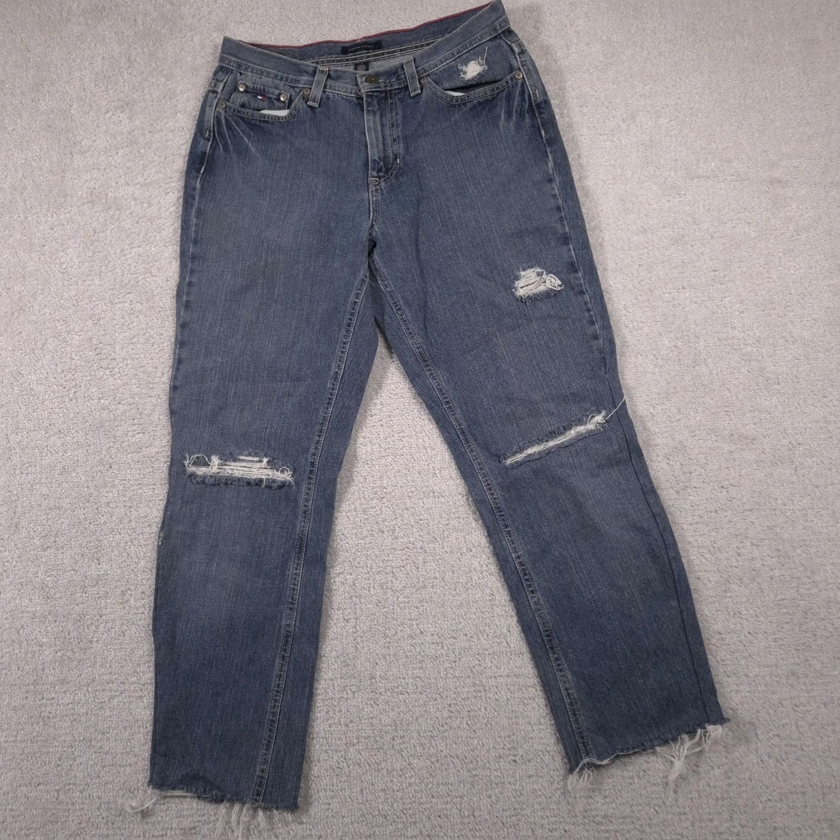 Tommy Hilfiger VINTAGE Tommy Hilfiger Jeans Womens 4 Blue Distressed High Rise Straight Leg Frayed Hem Size 27" / US 4 / IT 40 - 2 Thumbnail