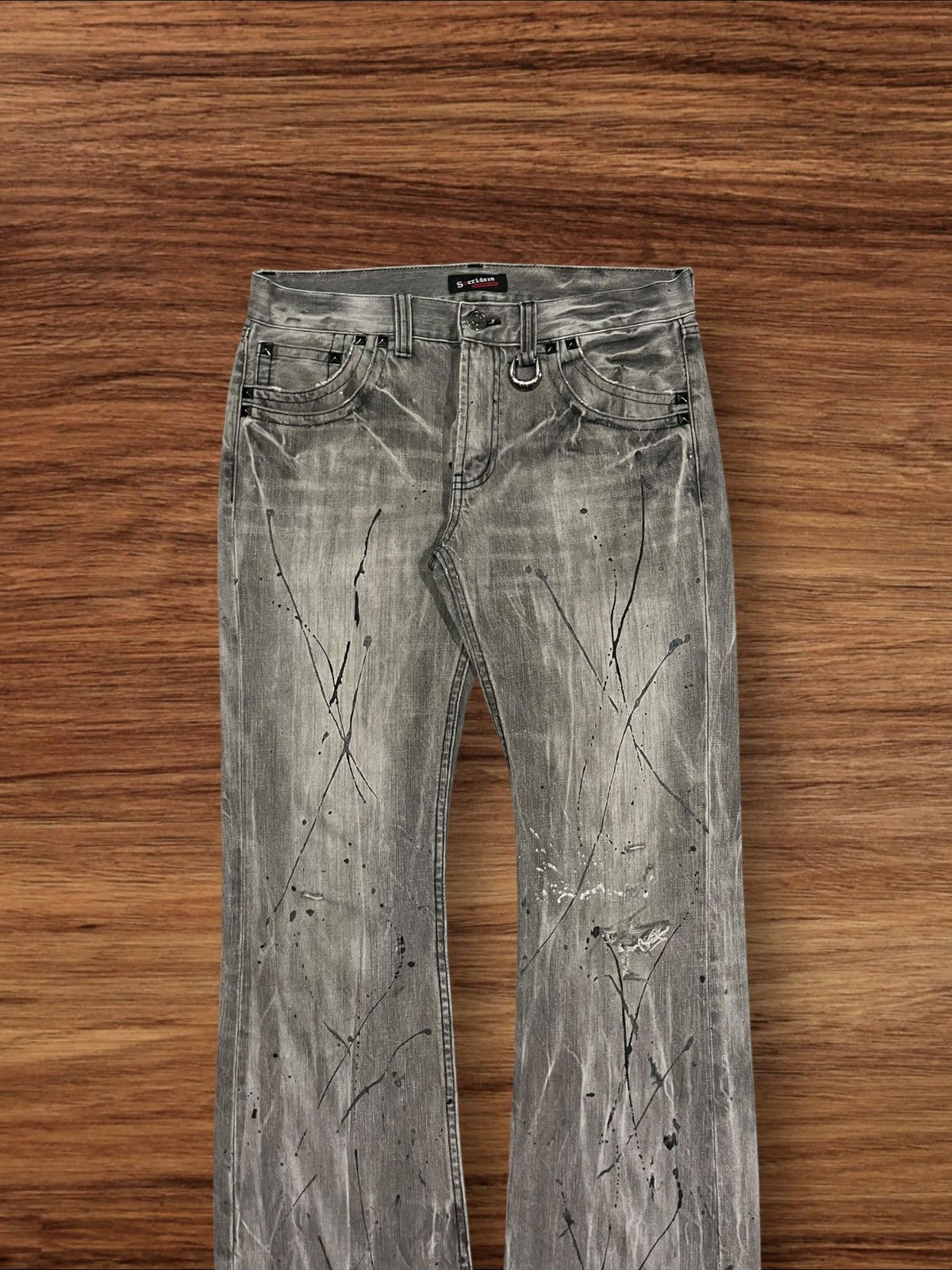 14th Addiction × Japanese Brand × KMRii Sorridere Love and Skull Painted Distressed Flare Jeans Size US 33 - 3 Thumbnail
