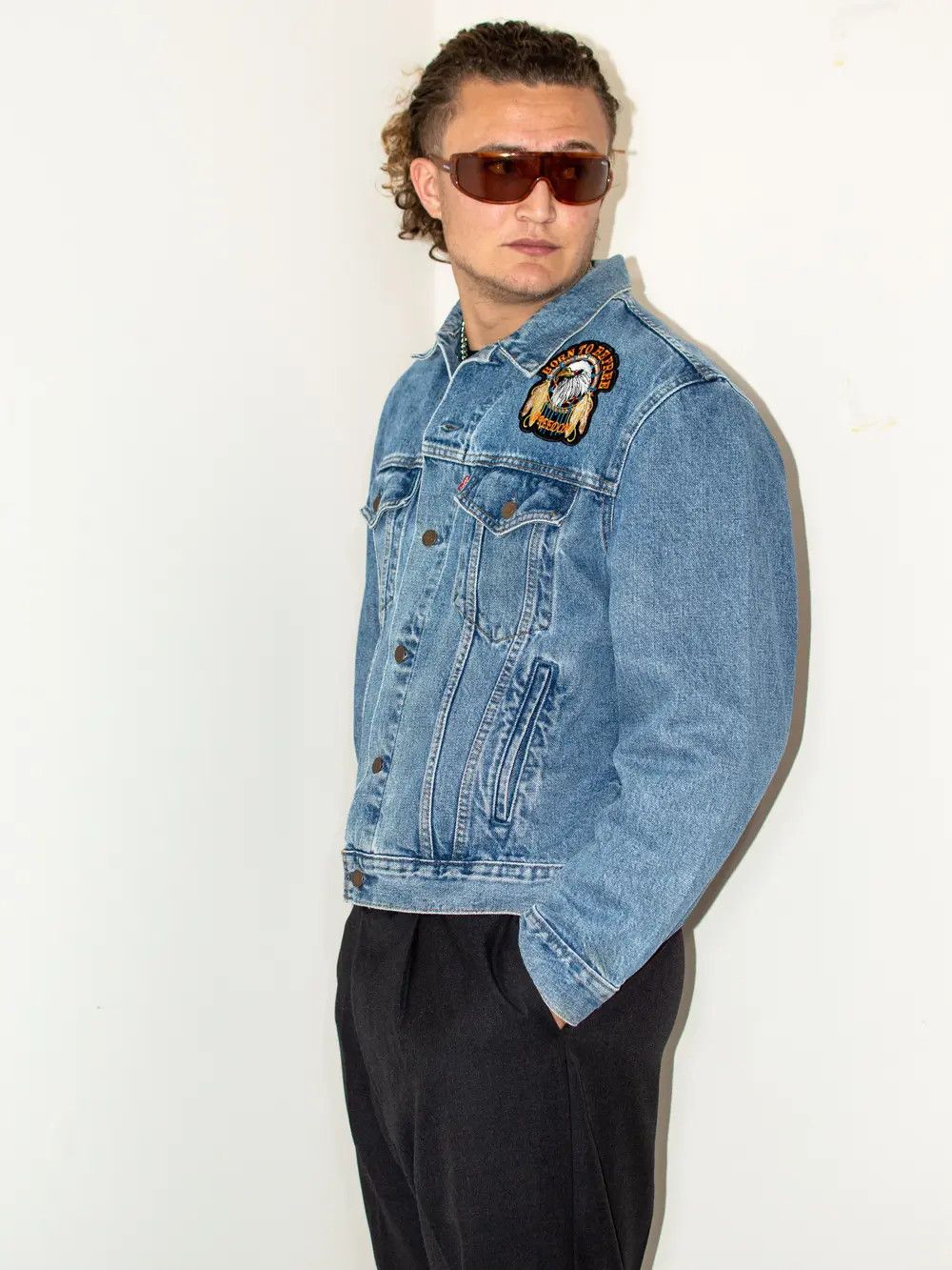 Levi's × Vintage Vintage Levis Born to ride patched denim bomber jacket Size US L / EU 52-54 / 3 - 4 Thumbnail