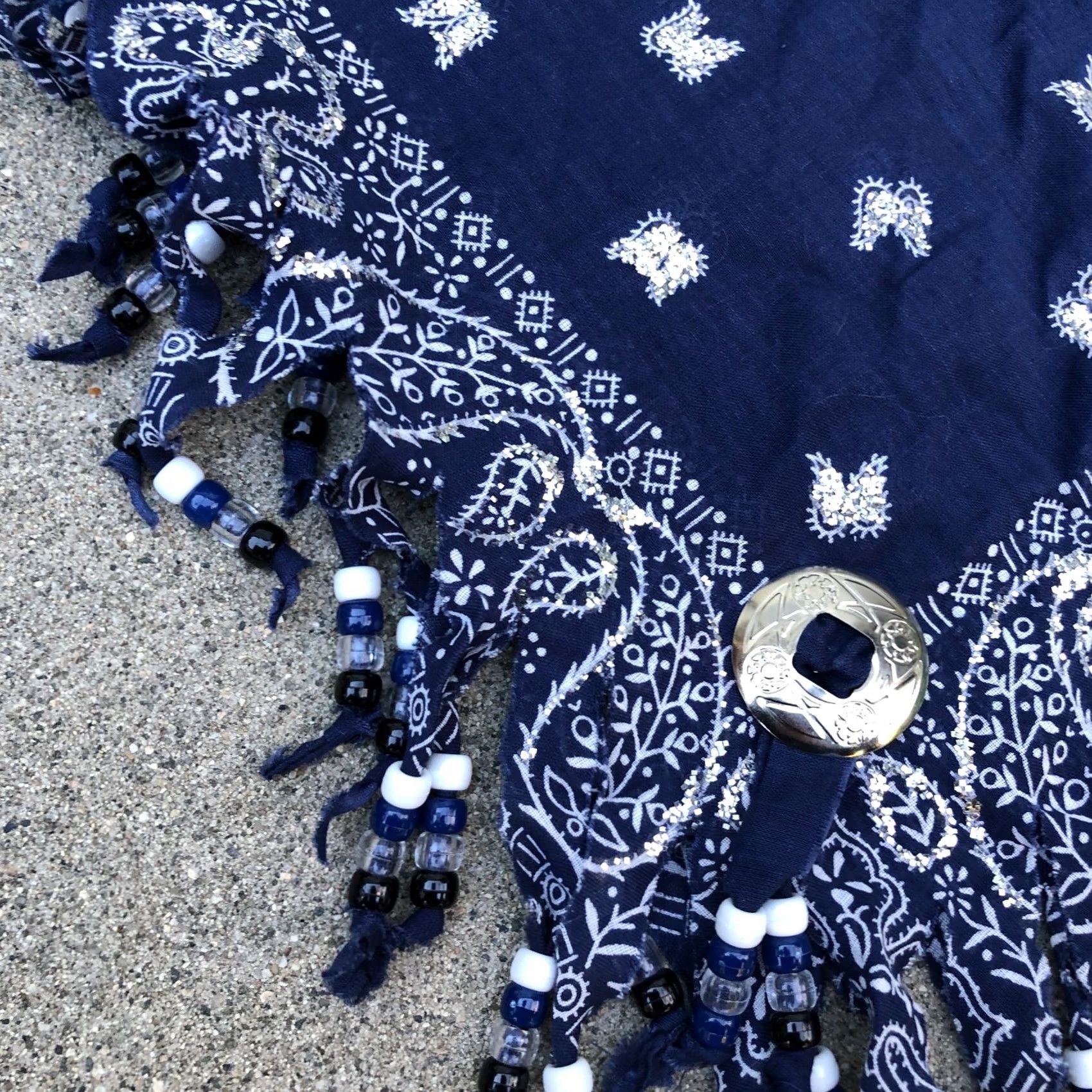 Vintage Beaded Metal Design Bandana Western Blue Paisley Scarf Size ONE SIZE - 2 Thumbnail