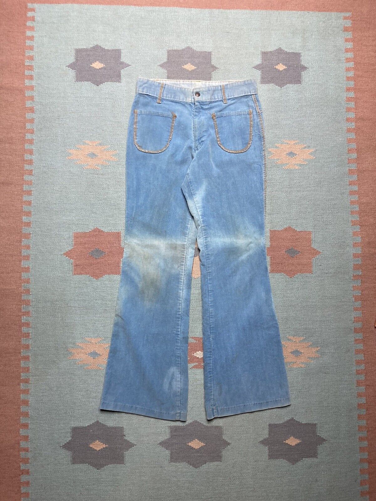 Vintage 70s corduroy bell bottom pants flare hippie baby blue 29x31 Size 29" - 1 Thumbnail